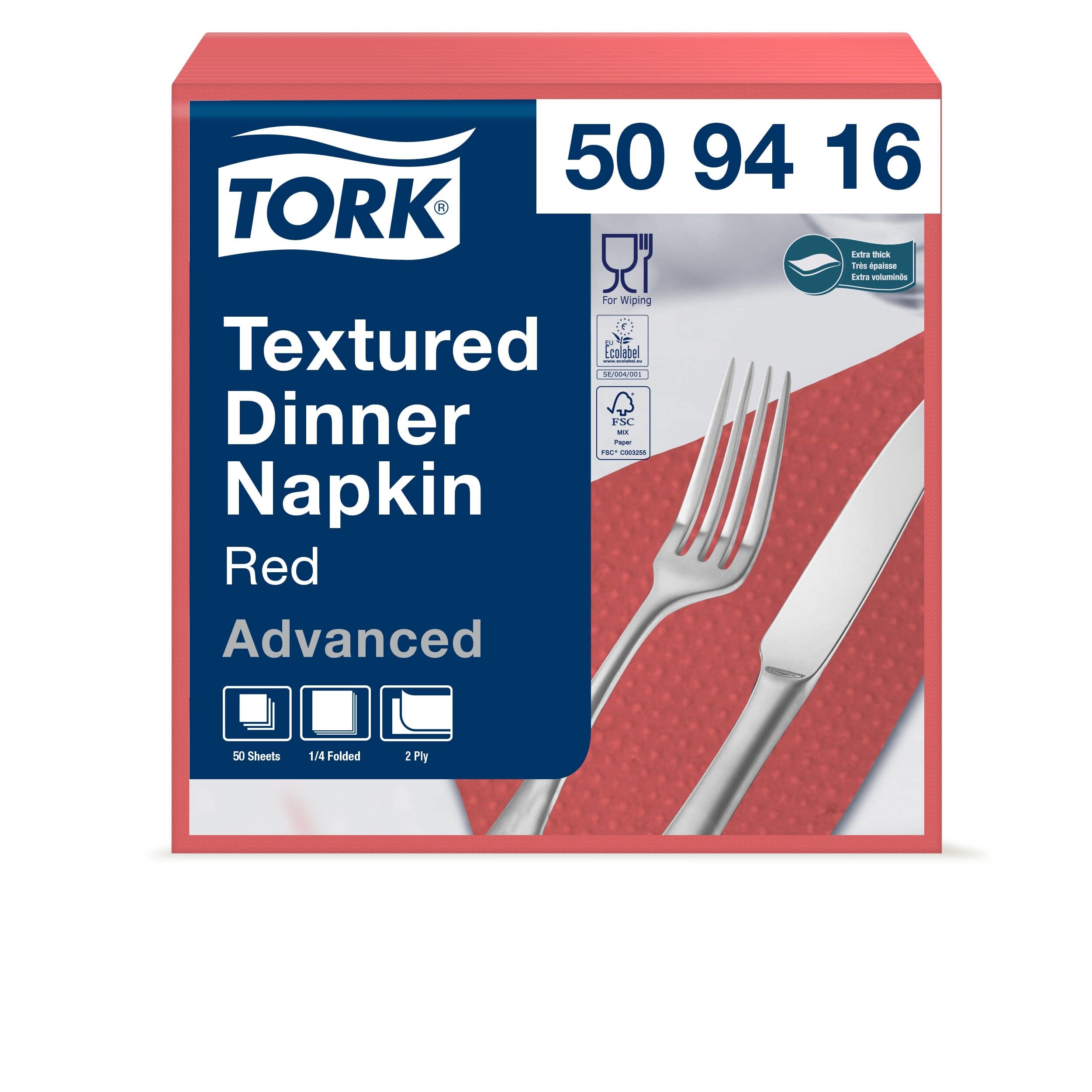 Tork 509416 - Dinner Servilleta de papel gofrado para cena, 2 capas, 18 paquetes x 50 unidades (900 servilletas), pliegue 1/4, 38 cm x 39 cm, color rojo