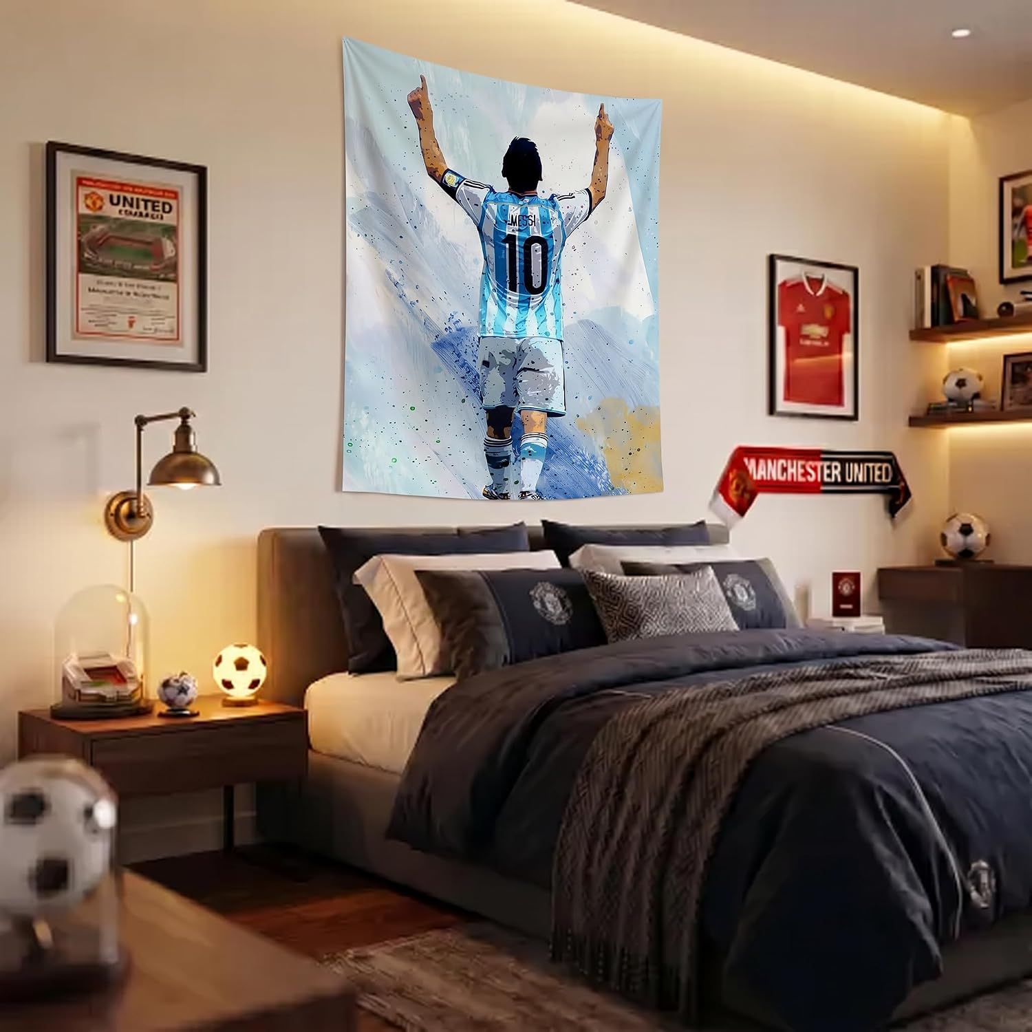 Lionel Messi World Cup Soccer Tapestry for Teens Fans Single Sided HD Fade-Resistant Print Poster 4 Corner Grommets, For Teen Boy Bedroom/Living Room Wall Hanging Decoration 35.4x47.2 Inches (White)
