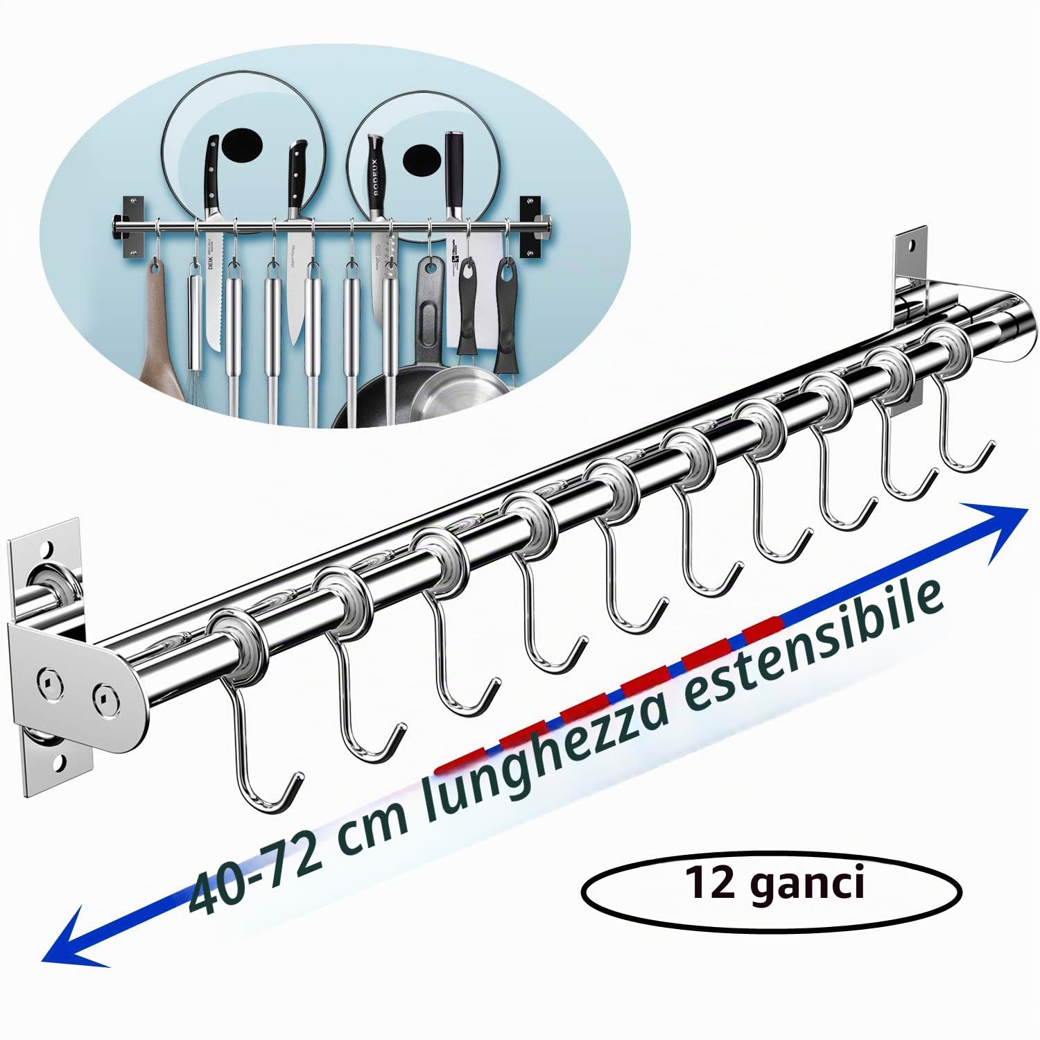 Appendiabiti da cucina, 12 ganci con adesivi magici, senza foratura, doppio tubo in acciaio inox, lunghezza estensibile da 40 cm a 72,4 cm (12 ganci)