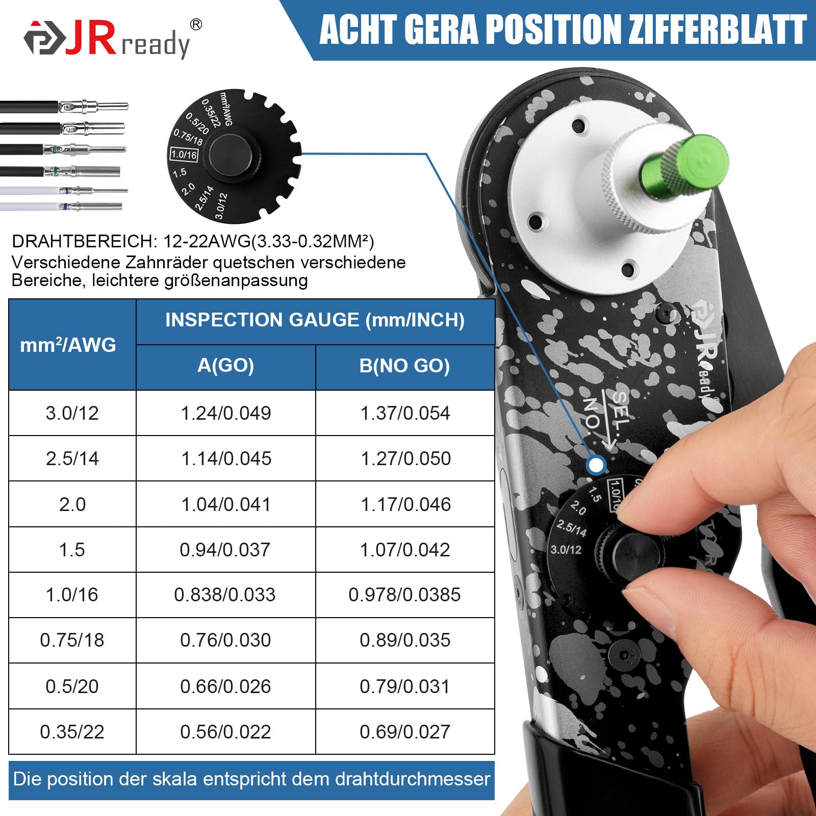 JRready NEW-DT2 Deutsch Crimpzange für Deutsch Stecker DT/DTM/DTP, Vierdorn-Crimpwerkzeug mit Positionierer, 12# 16# 20# gedrehte Kontakte, 12–22 AWG, HDT-48-00/HDT-4800 kompatibel