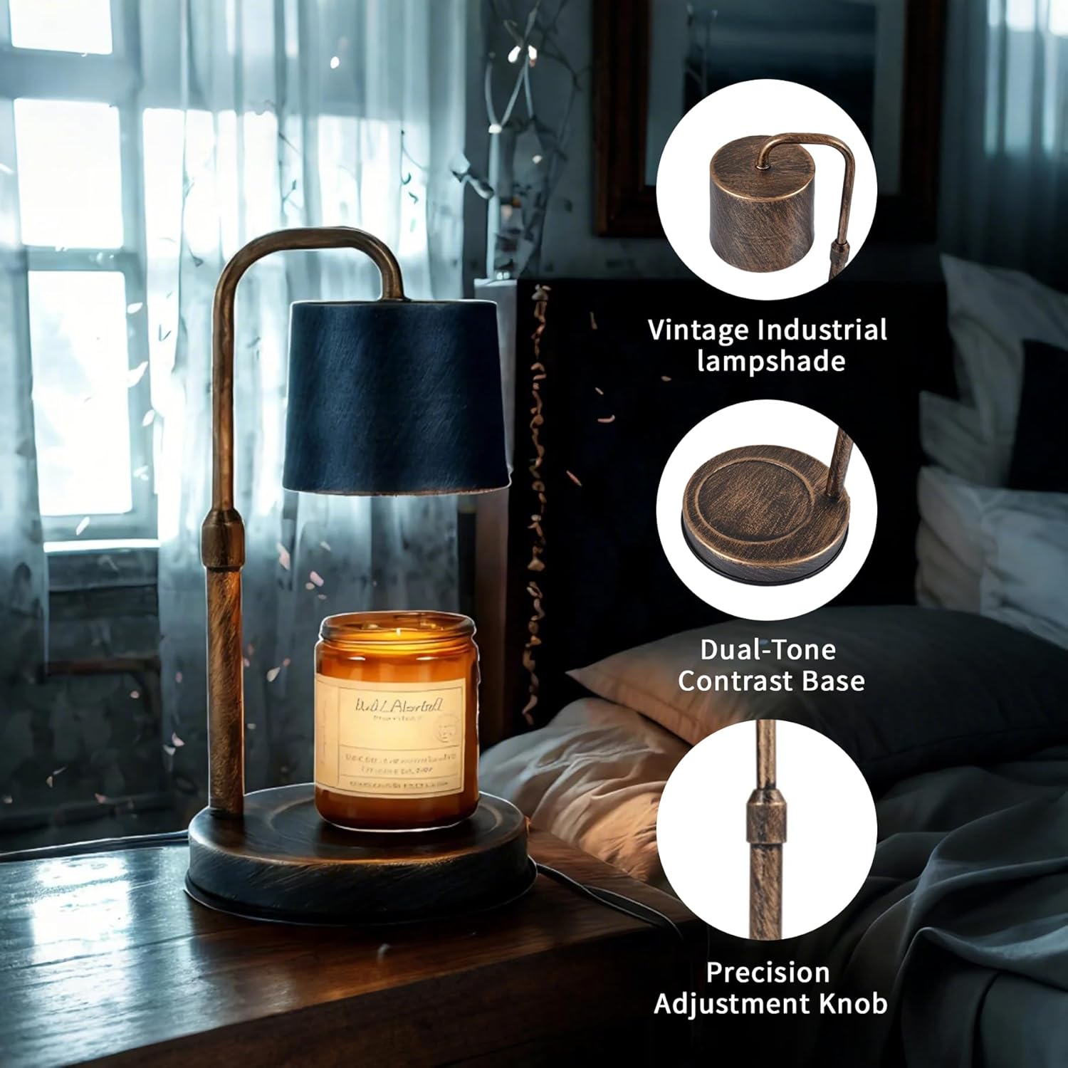 Vintage Industrial Candle Warmer Lamp for Home Decor - Height Adjustable with 2-6H Timer & Dimmer, Dimmable Wax Melt Warmer Compatible with Yankee Candle Jars (Antique Bronze, 50W 2 Bulbs, 110V)