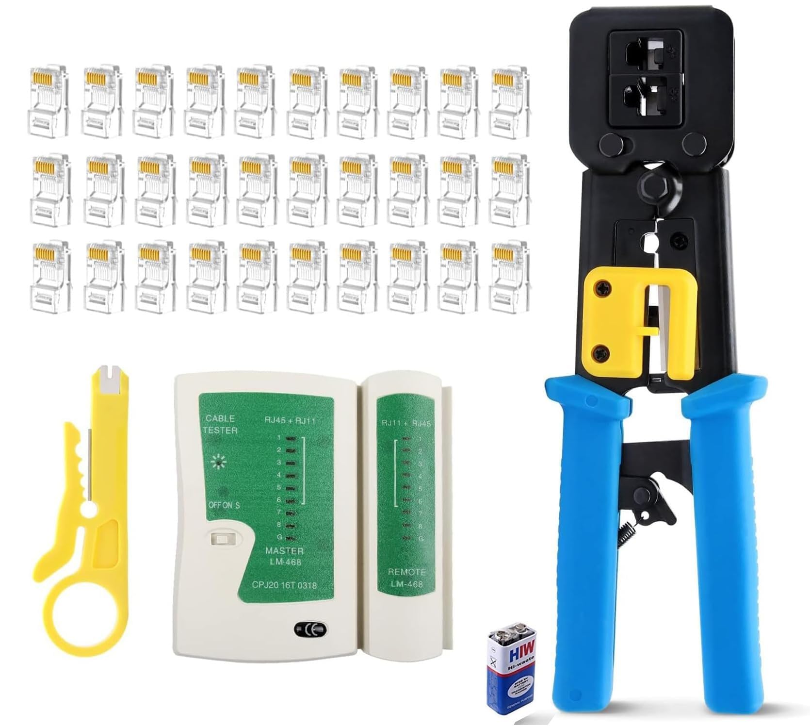 Inditrust RJ45 Crimping Tool Kit, Passthrough Crimping Tool rj45 for Cat6 Cat6A Cat5E Cat5 RJ45, 30PCS Cat6 Pass Through Connectors & Cut and Strip Tool, Network lan Tester with battery