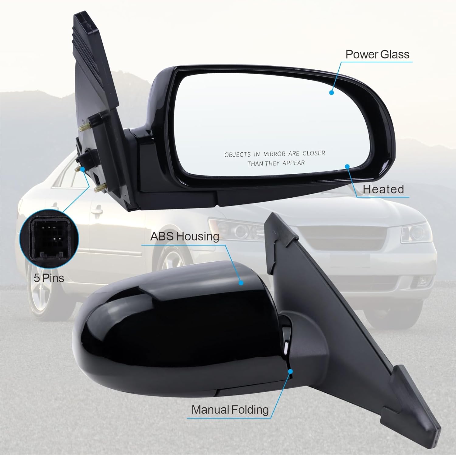 right passenger side mirror compatible with 2006 2007 2008 2009 2010 hyundai sonata with power glass manual folding heated black replace#87620-0a000(5pins) r-5pins