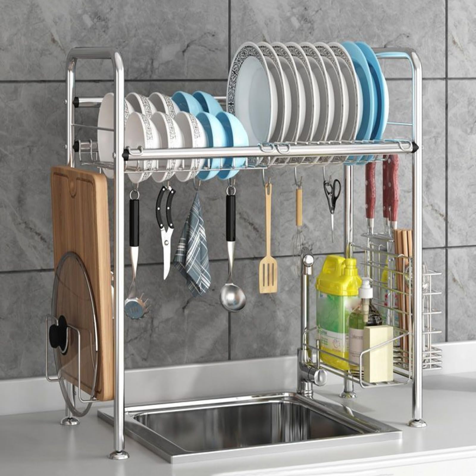 Égouttoir à vaisselle multifonctionnel en acier inoxydable – Organiseur de comptoir de cuisine à 1 à 2 niveaux, capacité de charge stable, gain de place, argent (63 cm)