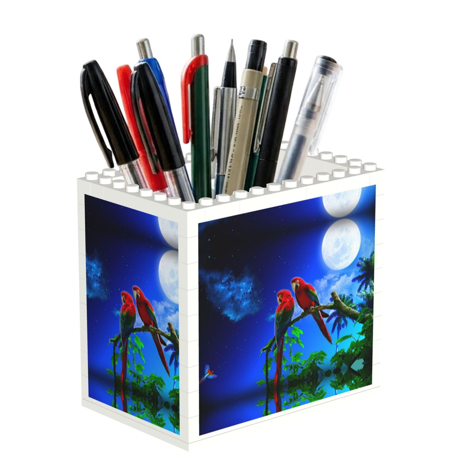SATUSA Parrots Print Building Block Texture Pen Holder - Pencil Holder For Desk Pen Organizer,Aesthetic Desk Accessories For Women(1pcs)