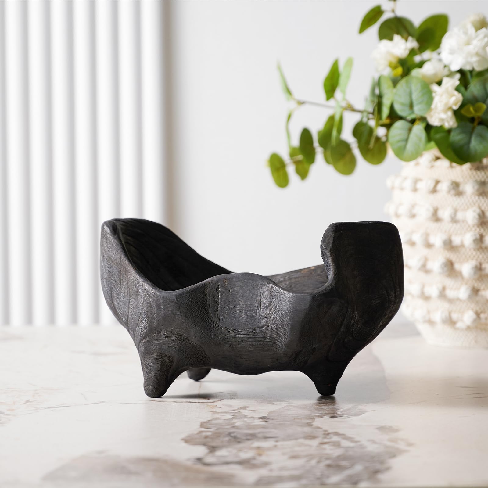 DN DECONATION Deko Schale Schwarz aus Eichenholz Dekoschale Unregelmäßig Holzschale Teak Bonbon Schale 23,5x14 cm Ablageschale Natur Schlüsselablage für Tischdeko Wohnzimmer, Küche, Flur
