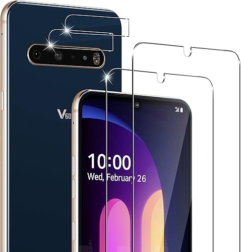 Cizerin Paquete de 2+2 Protector de pantalla de vidrio templado para LG V60 ThinQ 5G 5G UW y protector de lente de cámara, antihuellas dactilares,