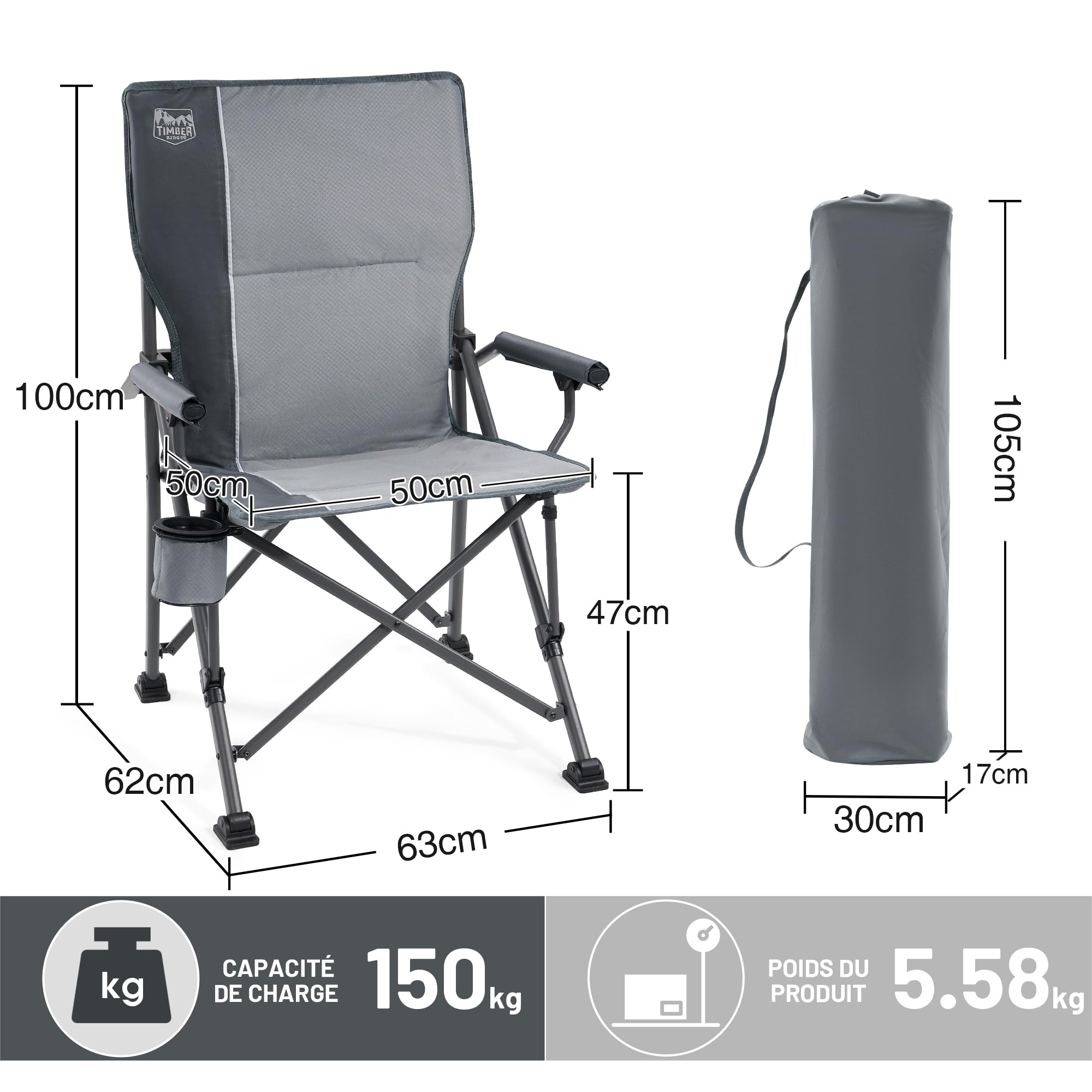TIMBER RIDGE Chaise de Camping Pliable Dossier Haut avec Accoudoir Dur | Supporte jusqu'à 150kg avec porte-gobelet intégré légère et portable, idéale pour le camping, la pêche et le jardin
