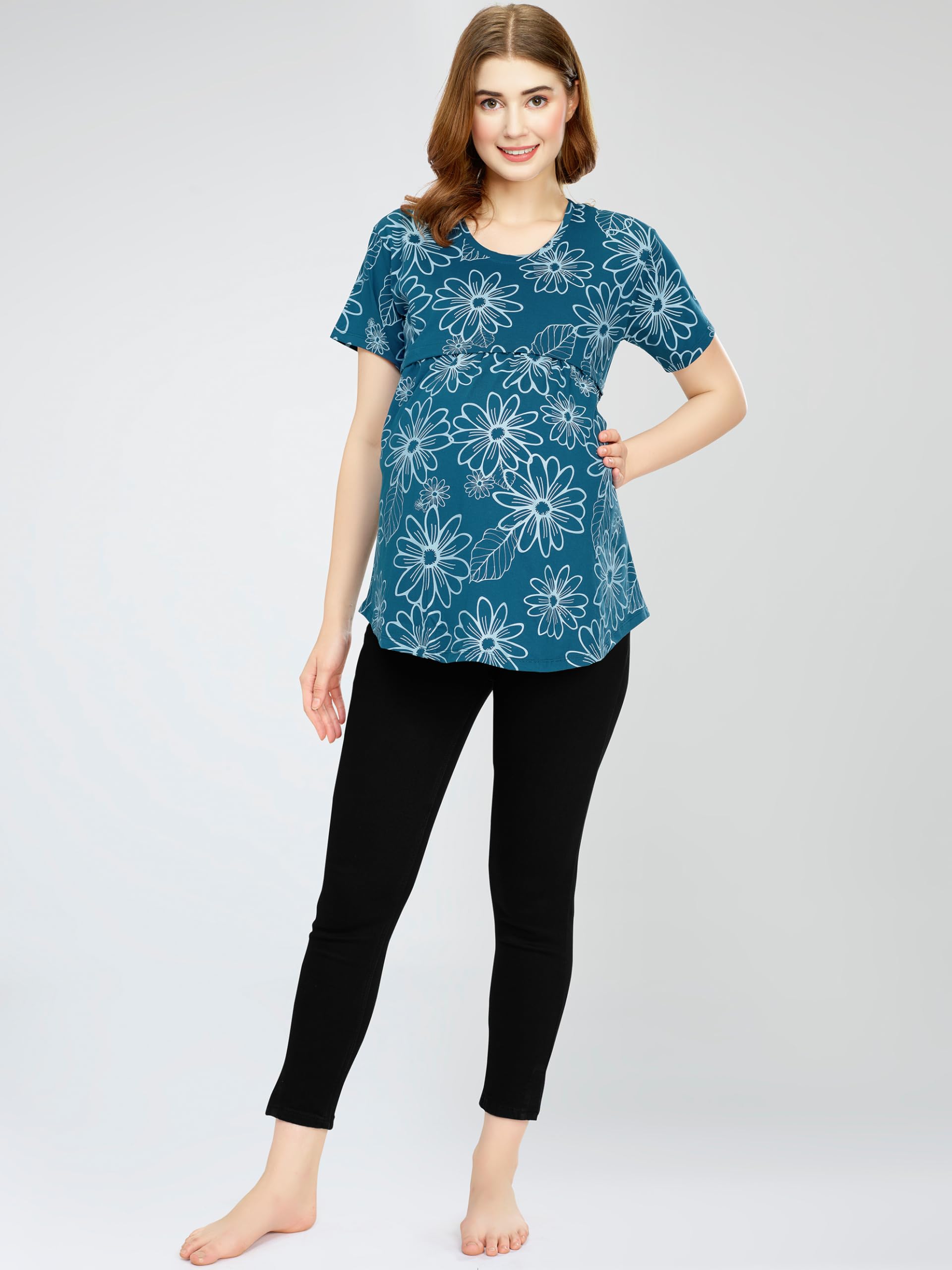 ZEYO Women's Cotton Teal Blue Maternity Top Floral Printed Feeding T-Shirt 5814 - Image 6 thumbnail