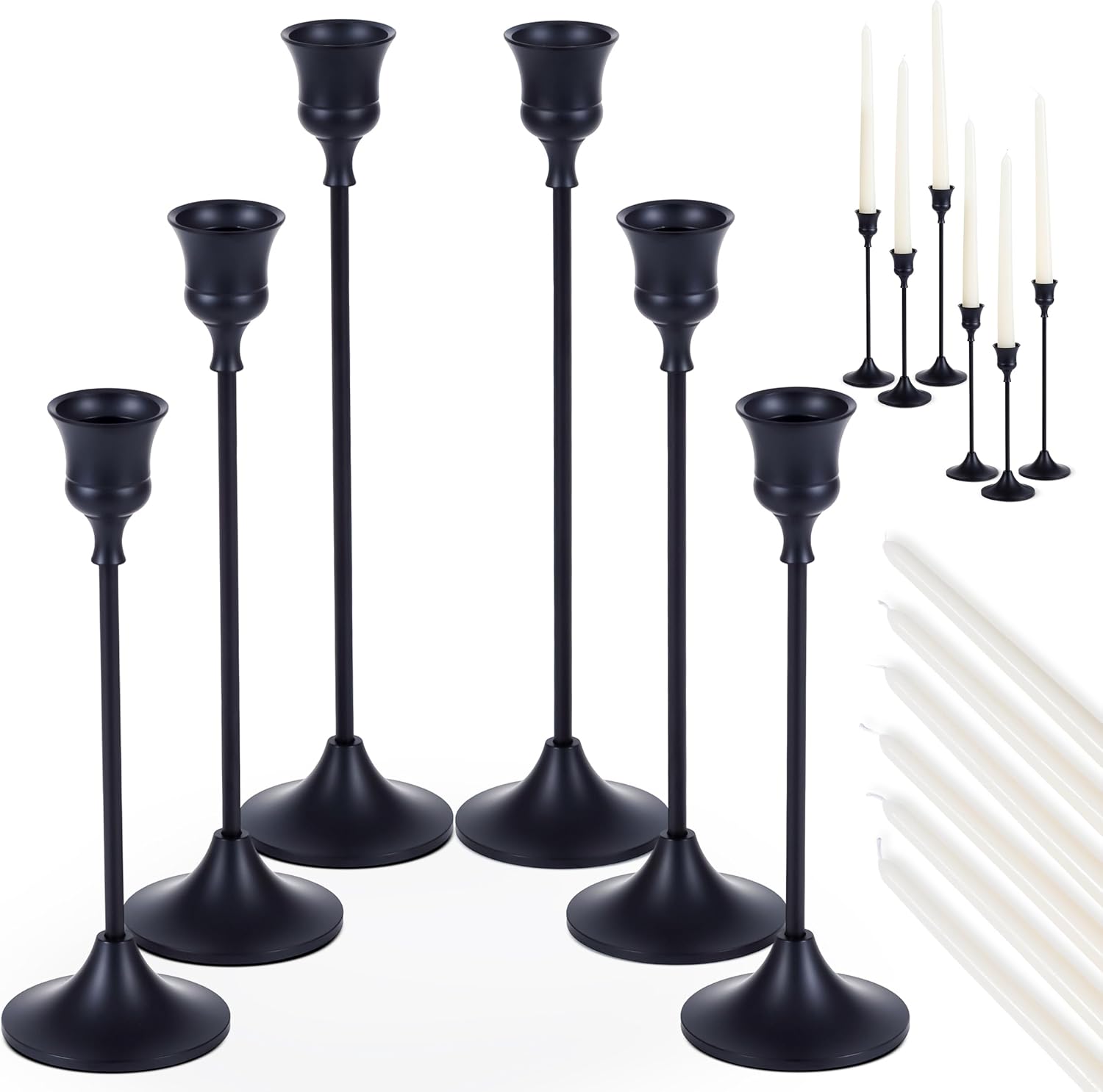Candlestick Holders | Black | Set of 6 | Metal with Matte Finish | 3 Different Sizes | Taper Candles Included | Decorative Centerpiece for Wedding, Dining Table (Classic Flared Collection)