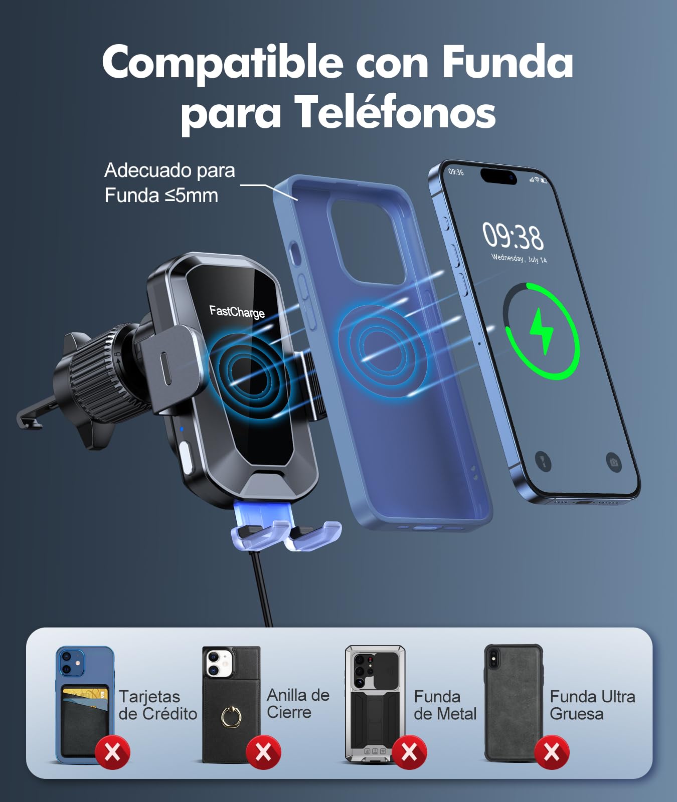 EOIWUY 15W Cargador Inalámbrico Coche, [Sujeción Automática] 360° Rotación Soporte Movil Coche Cargador Inalambrico Carga Rápida para Rejilla Compatible con iPhone 17/16/15/14/13, Galaxy S25/S24, etc