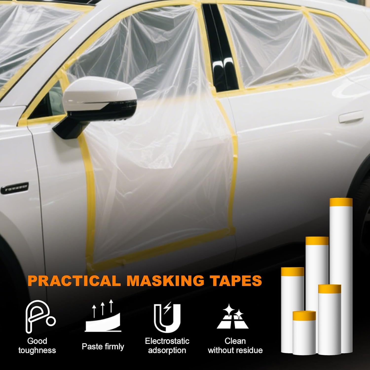 Painters Plastic with Tape (59inch x 65ft,6 Rolls) - Large Masking Film for Furniture, Sofa & Table Cover - Dustproof Plastic Sheeting for Painting House