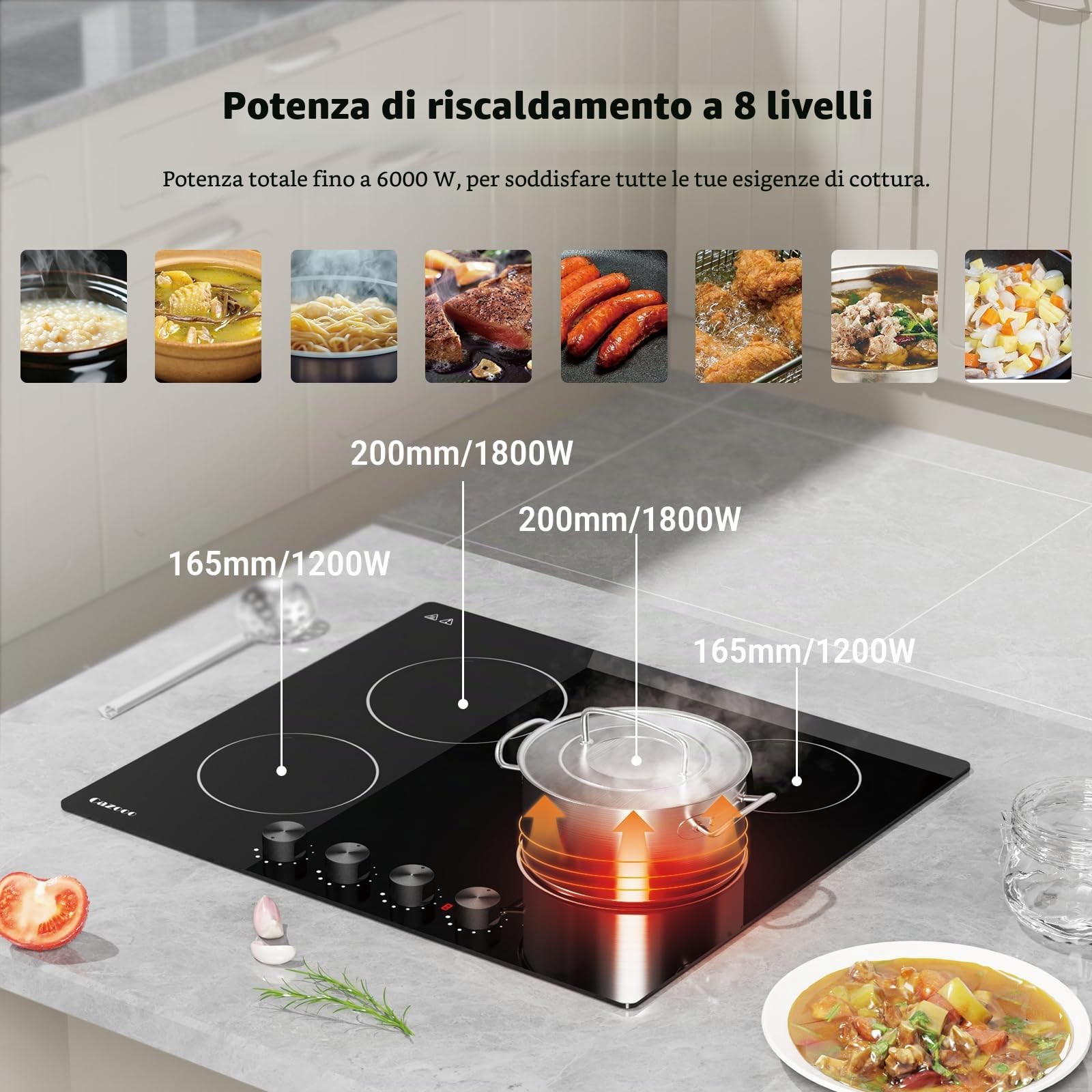Piastra in vetroceramica da 60 cm, 4 zone di cottura, da incasso, elettrica, autosufficiente, senza cornice, timer, controllo a pulsante, 8 livelli, 6000 W, adatto per la maggior parte delle