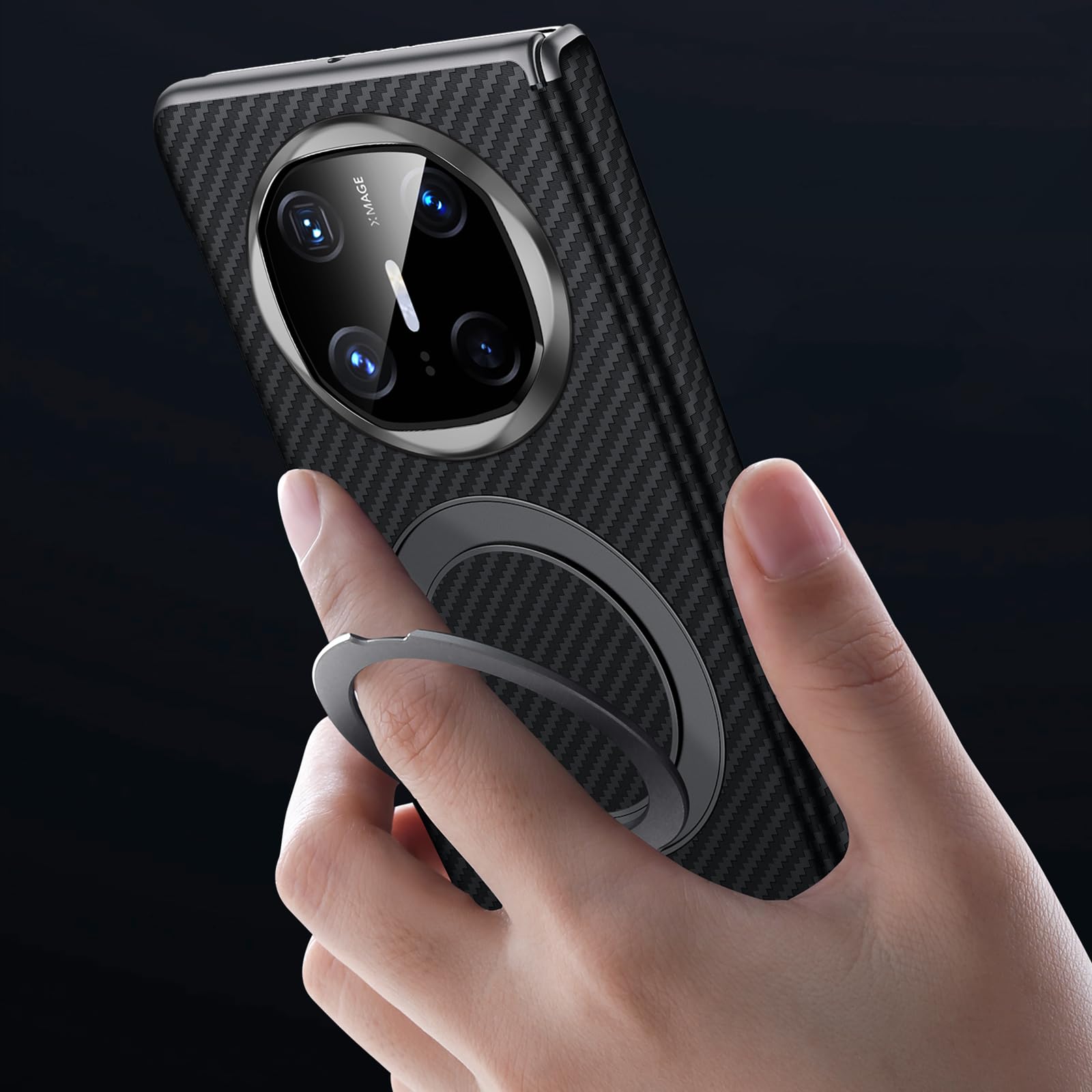 Pokrowiec ze skóry bydlęcej do Huawei Mate X6, magnetyczny uchwyt pierścieniowy z teksturą włókna węglowego etui z klapką luksusowa ochrona całego korpusu osłona z prawdziwej skóry, niebieski,