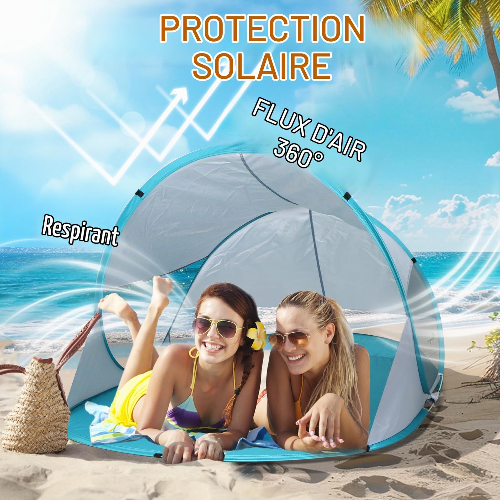 Chihee Tente de Plage Abri Solaire de Camping Pop-up avec Protection UV Tissu argenté Maille Respirante Sacs de Sable supplémentaires,Léger Facile à Installer Ombrelle de Plage Portable Auvent Caban