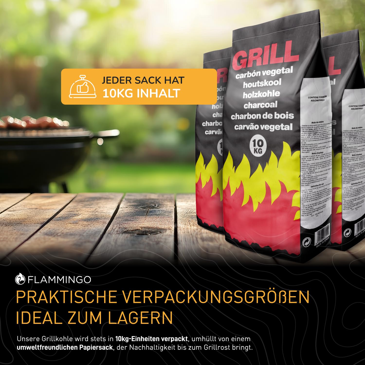 Flammingo® Grillkohle aus Hartholz – 100% Naturkohle mit Langer Brenndauer & intensivem Grillaroma – extra große Körnung – Holzkohle für Grill, Smoker & BBQ – 20kg