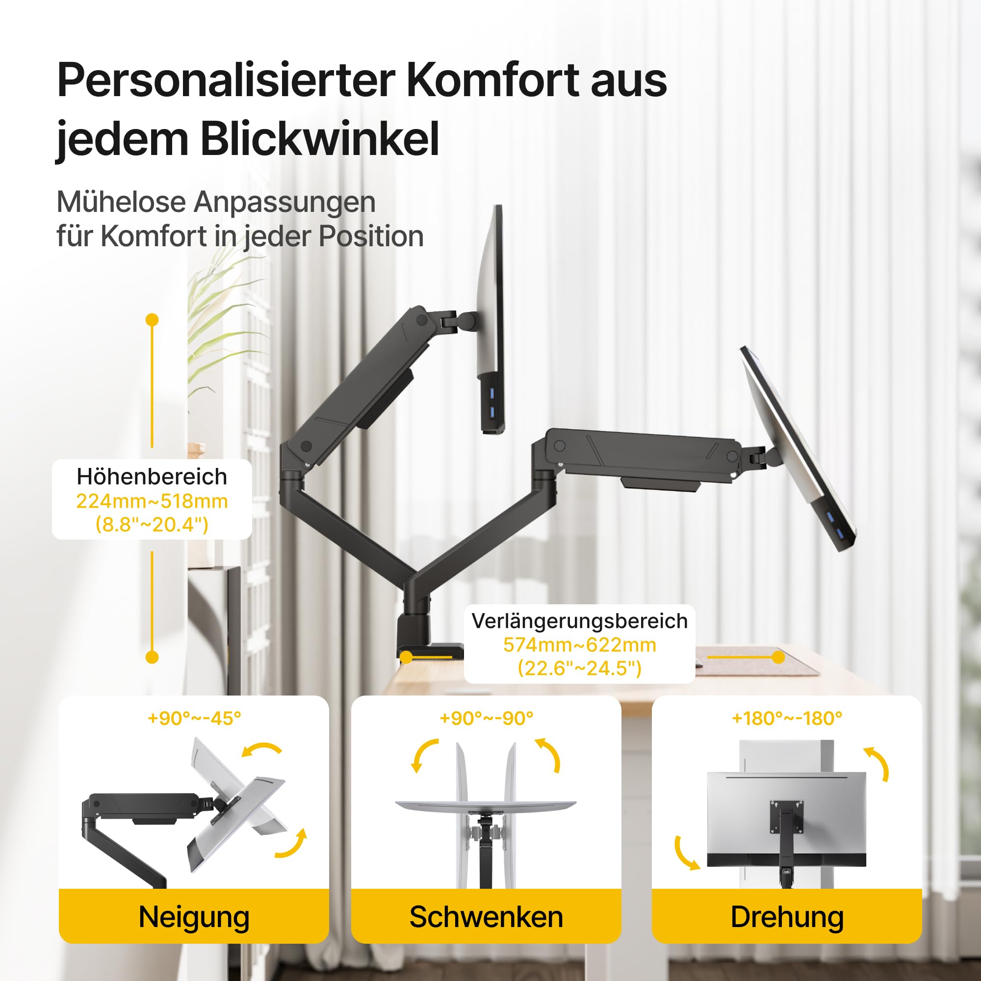 monTEK Monitor Halterung 2 Monitore für 35 34 32 27 24 22 19 17 Zoll | Hält 1-16 kg, VESA 75/100, Neigbar, Schwenkbar, Drehbar, Monitorständer, Schwarz