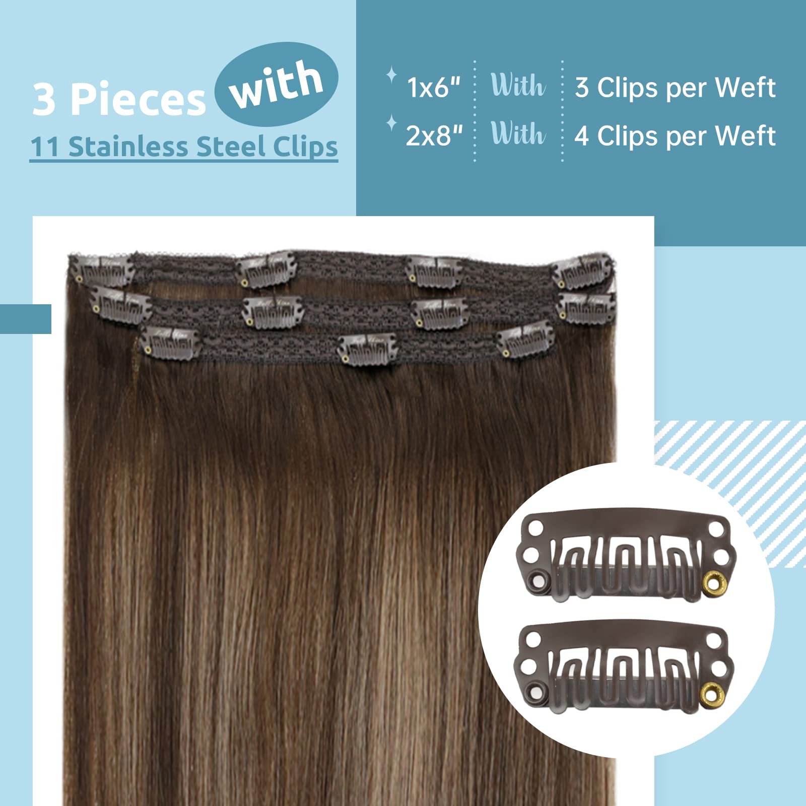 Fshine Extension Capelli Clip 35.5cm 50g 3pcs Castano Scuro Con 8 Castano Medio e 2 Marrone Scuro Estensioni a Doppia Trama Dei Capelli Umani Clip in Capelli Umani Veri Capelli Umani