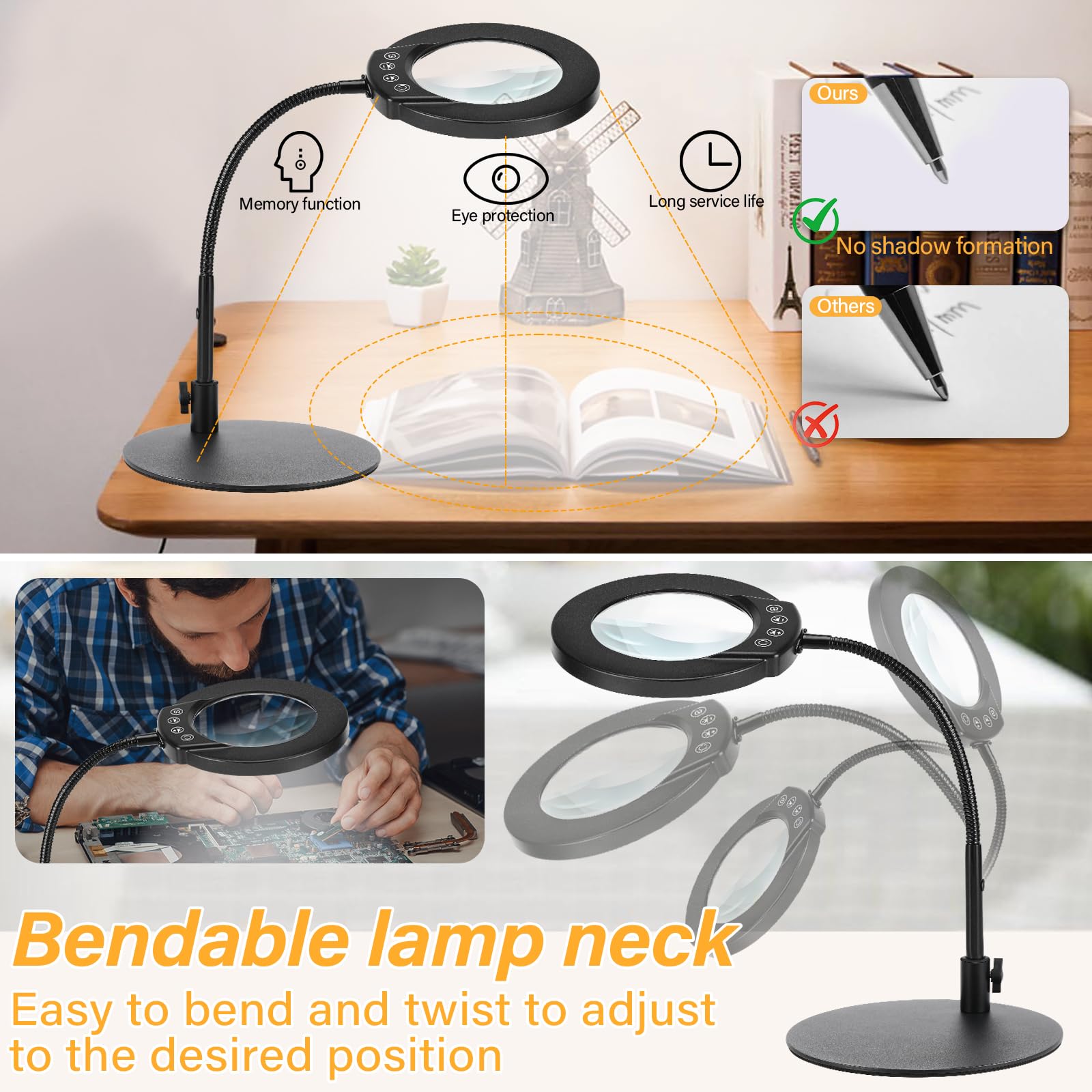 Lampe Loupe sur Pied 10X, 5 Modes de Couleur, Loupe Éclairée à Intensité Variable avec Support