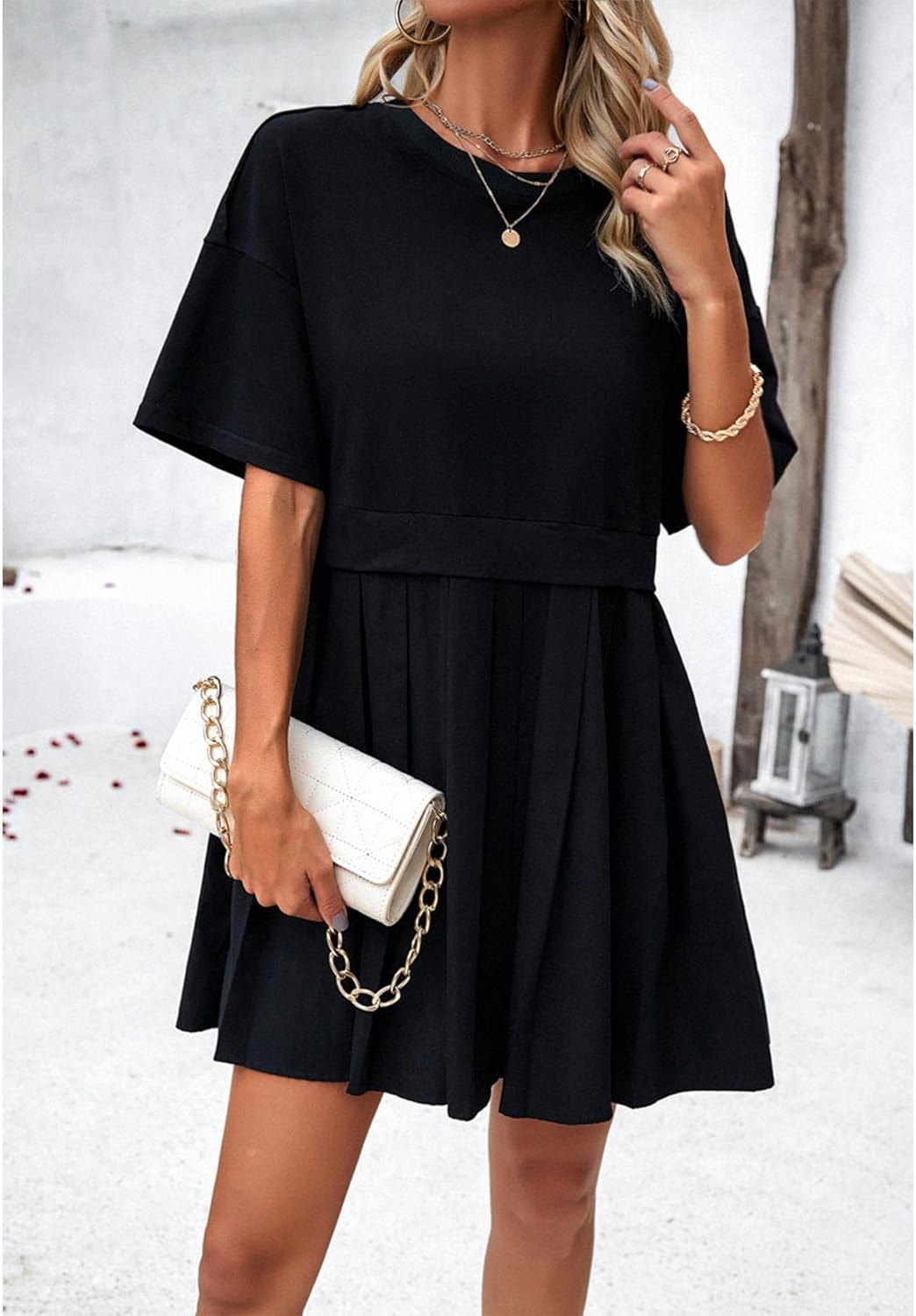 SOMTHRON Women's Oversized Sweatshirt Dress Patchwork Crewneck Short Sleeve Pullover Tops Flowy Pleated Sweatshirt Mini Dress - Image 4