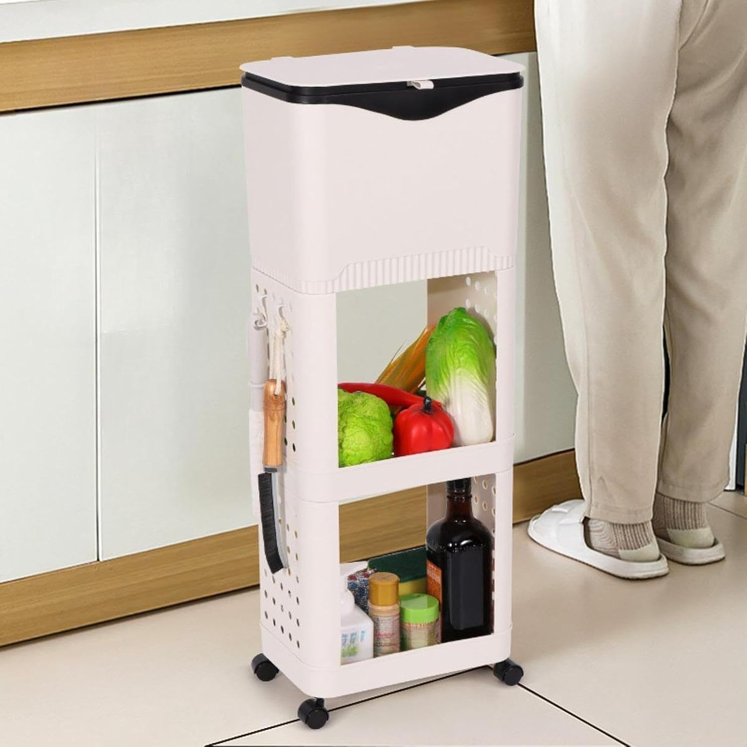 Kitchen Trash Can Garbage Bin with Rack Space Saving Organizer Narrow Waste Basket for Dorm Laundry Room Room, White