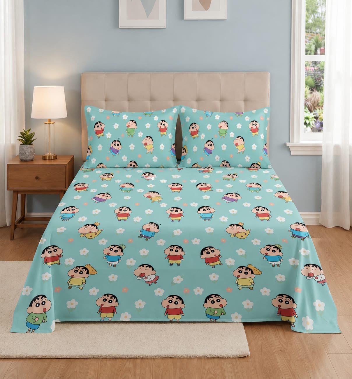 Premium Cotton Kids Cartoon Shichan Printed Flat Double Bedsheet with 2 King Size Pillow Covers | Double Bed Breathable | Wrinklefree | 220 TC Supersoft | 90x90 Inches | Aqua Green-image-49