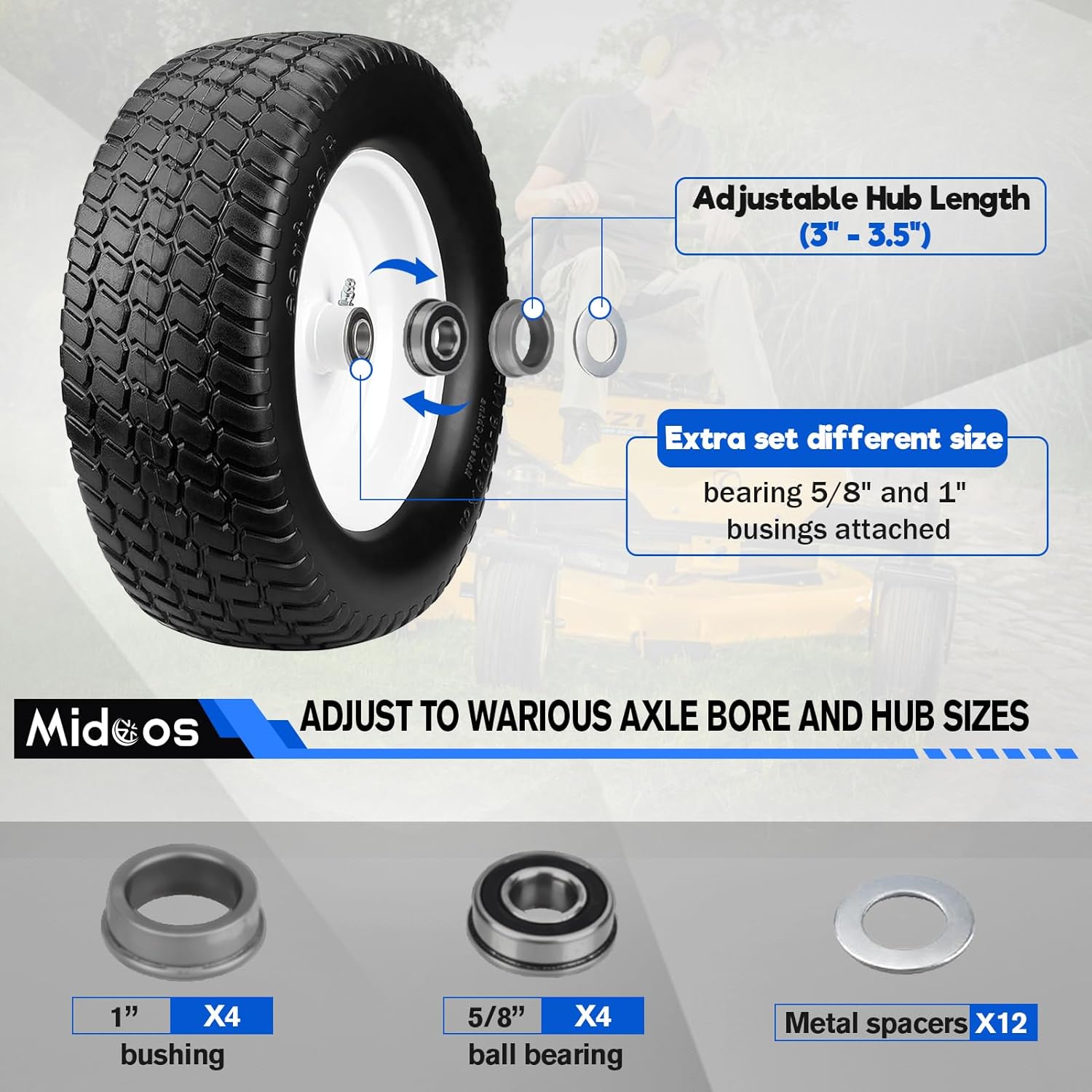 2pcs Solid 15x6.00-6 Flat Free Lawn Mower Tire And Wheel, 15x6-6 Riding Mower Tires With 3" Centered Hub For John Deere/Husqvarna/Craftsman Riding Mower, Lawn Tractor, With 3/4"& 5/8" & 1" Bearings