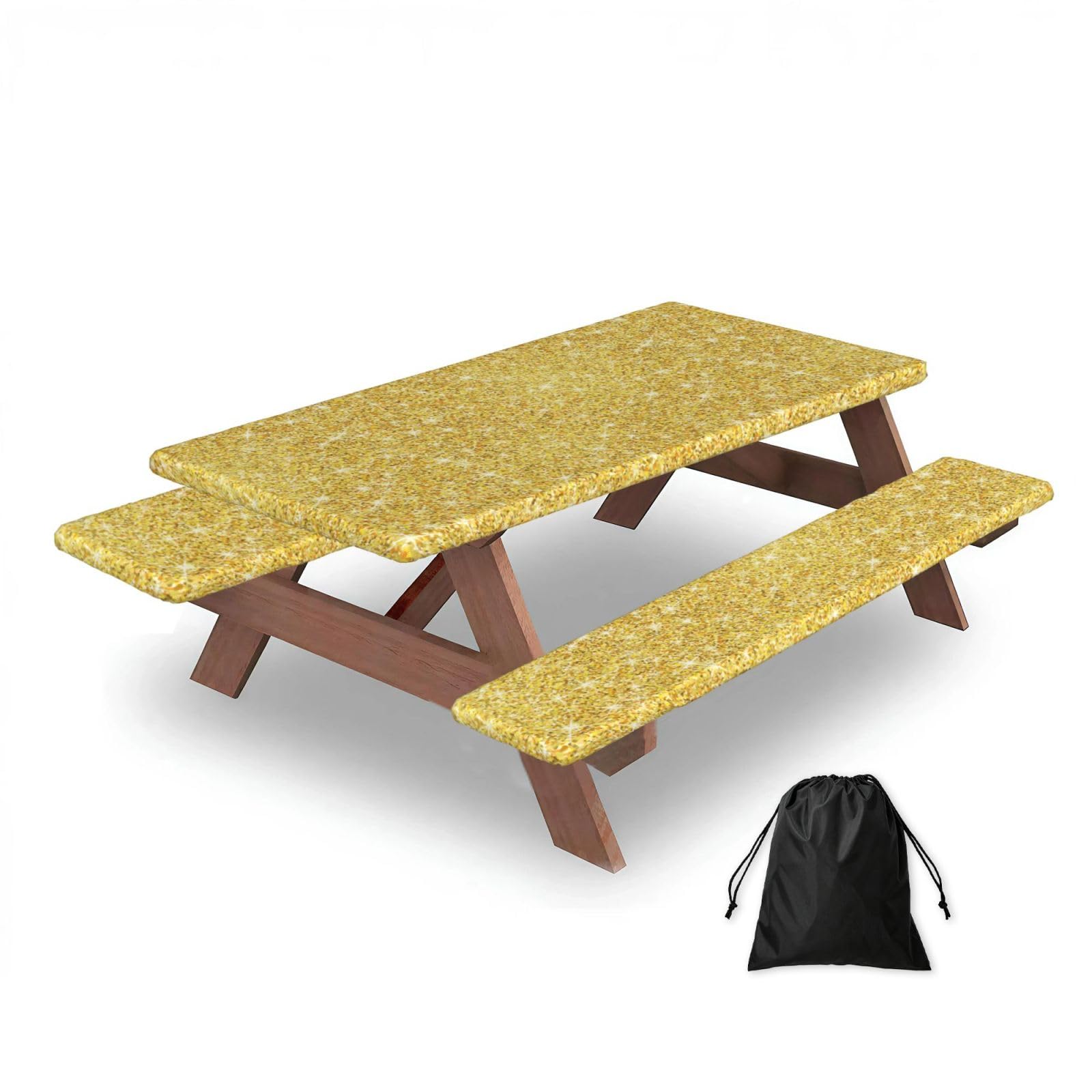 Gold Glitter Texture, Picnic Table Cover With Bench Covers -Waterproof Elastic Fitted Tablecloth for Garden Camping Patio 76x152cm