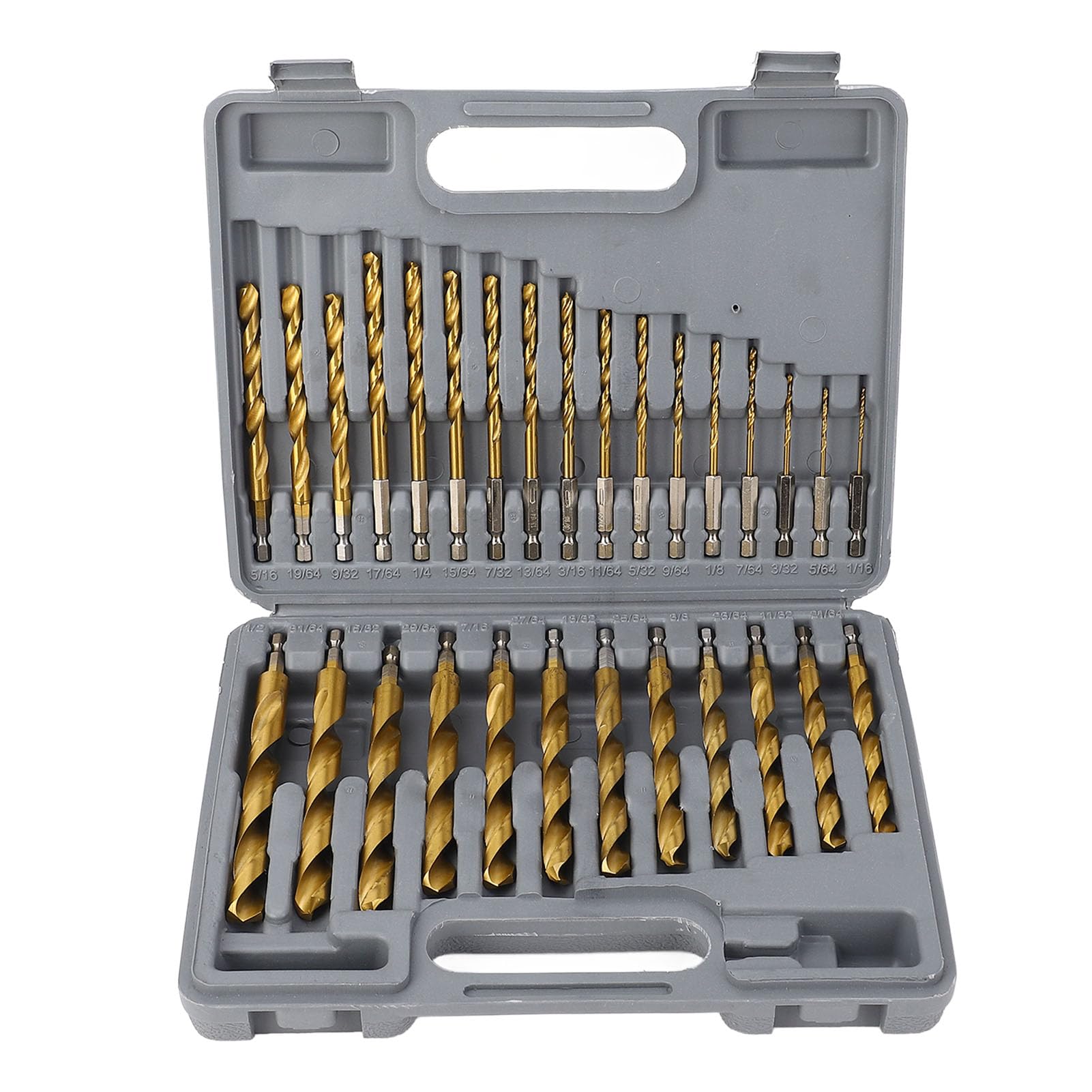 Set di punte elicoidali ZenithAur, HSS da 29 pezzi con rivestimento Ti, dimensioni da 1/16 a 1/2 pollice con gambo esagonale da 1/4 pollice e anelli di limitazione per foratura di