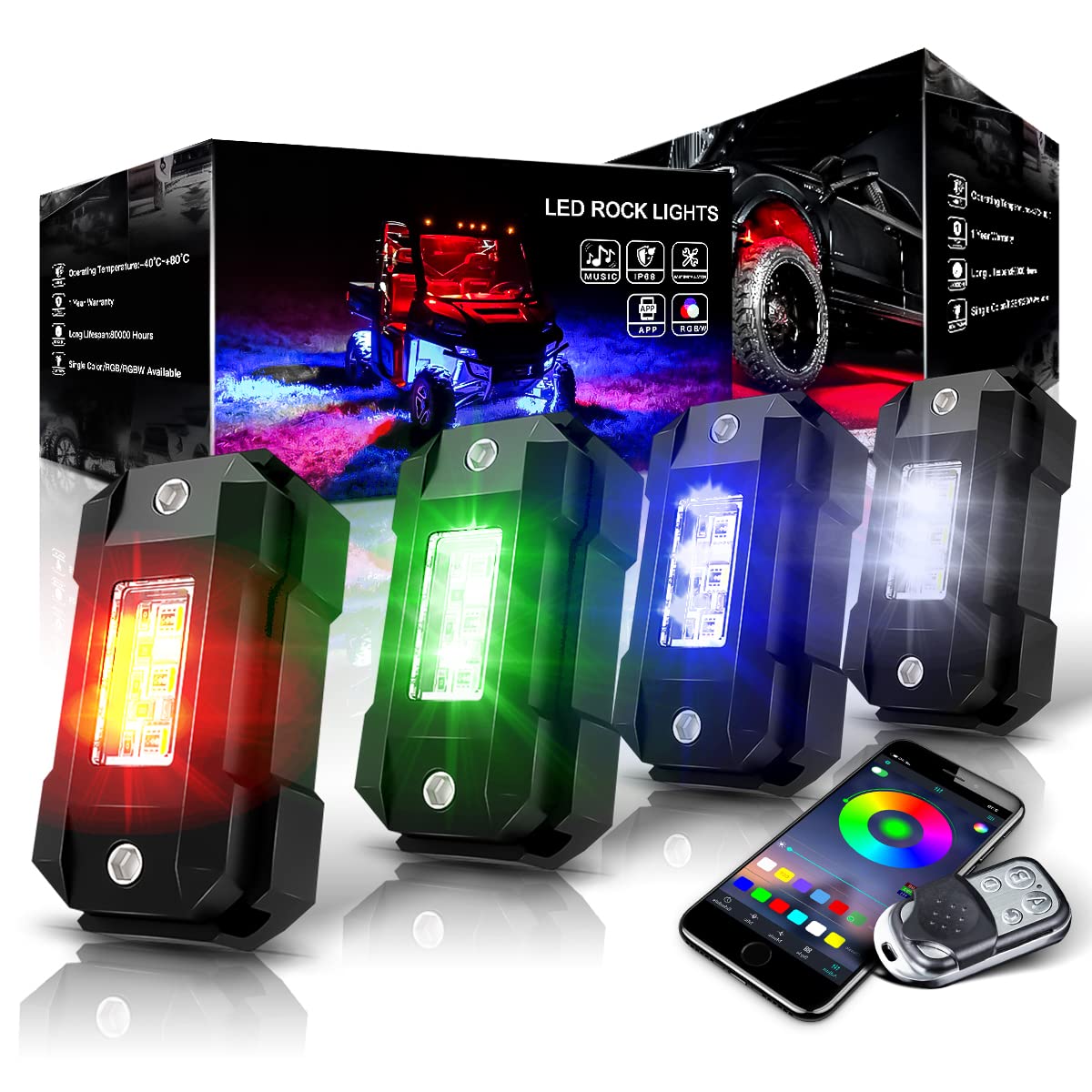 Vosuid R4 RGBW LED Rock Lights Kit 4Pods with Bluetooth APP Controller for Trucks Je-ep Off Road RZR ATV Super Bright Brake Light Underbody Multicolor Neon Lights Waterproof Shockproof