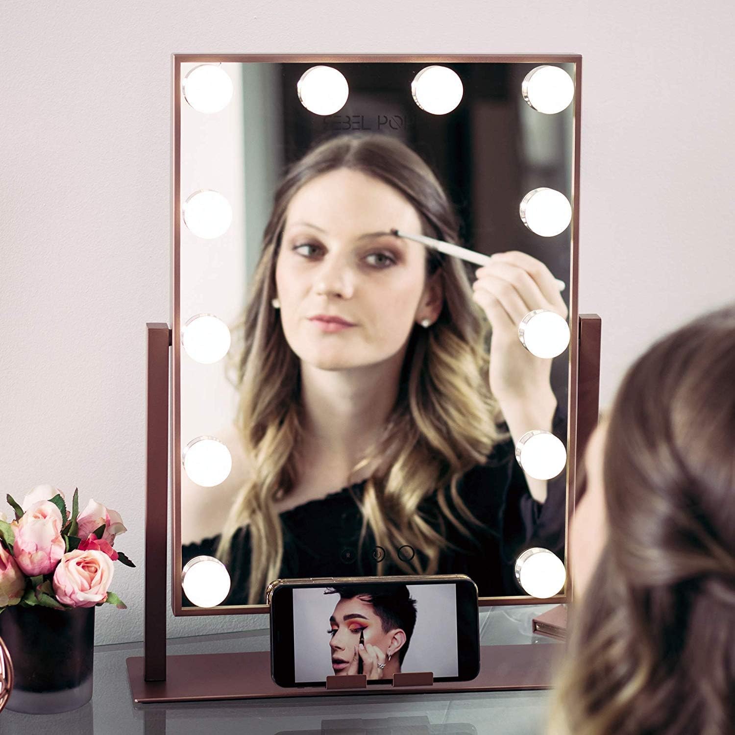 Vanity Mirror With Lights and Phone Mount - Hollywood Style Makeup Vanity Mirror with Lights 12x3W Dimmable LEDs with Touch Control, Phone Cradle | Tabletop Lighted Cosmetic Mirrors