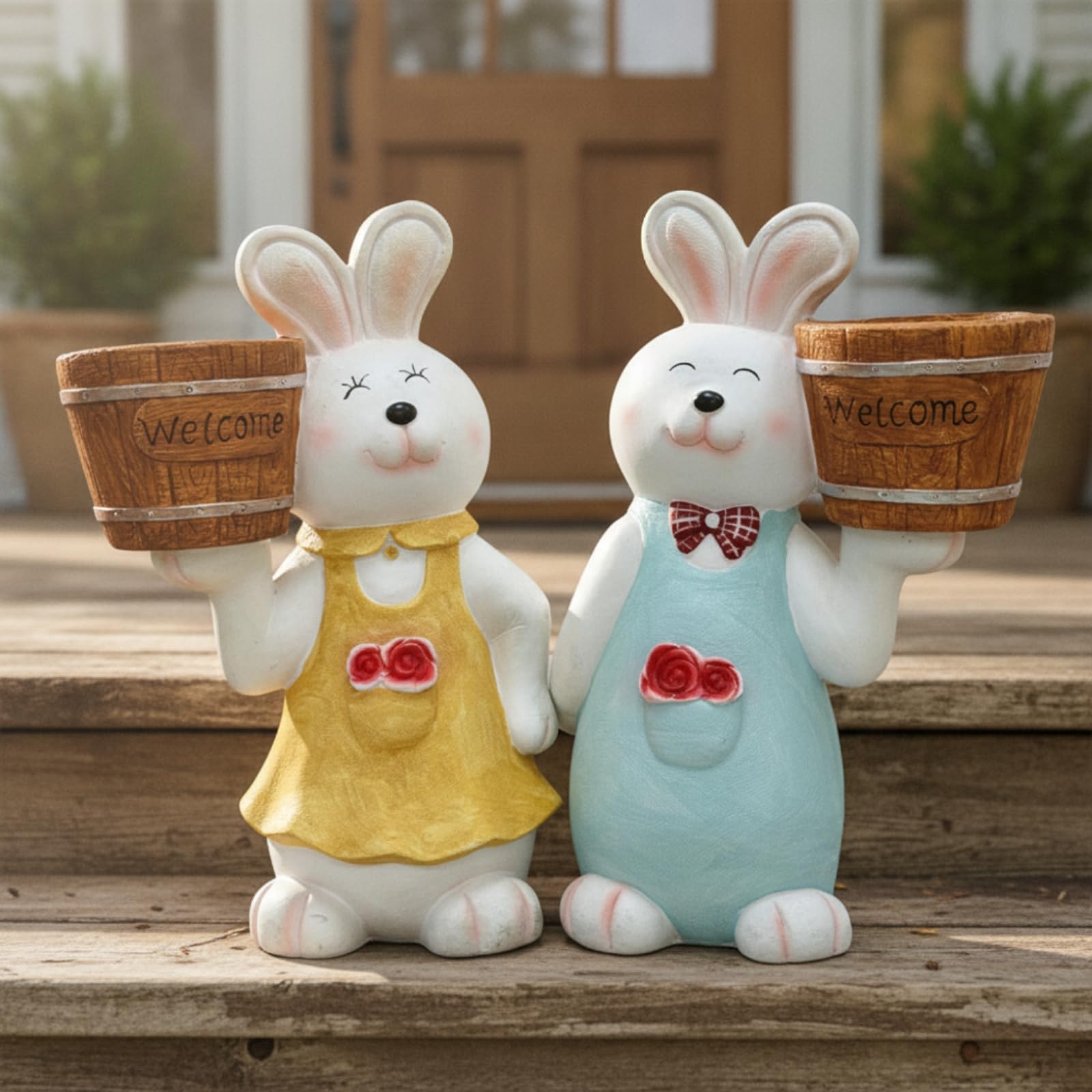 Figur mit Blumentopf detailreich Gartenfigur Hase mit Pflanzkübel verspielt Blumentopf für Gartenliebhaber, Eingangsbereich