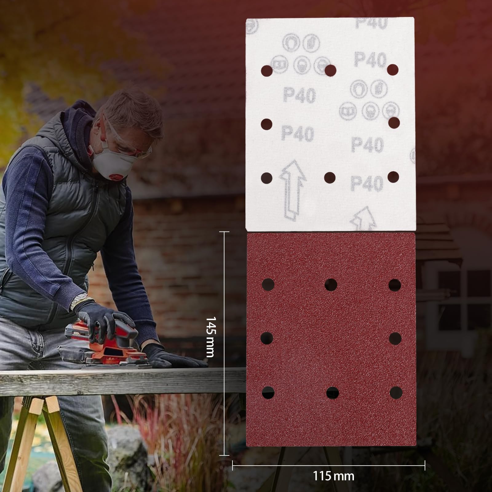 Sruhrak 50 Pezzi Carta Abrasiva Kit, 115x145mm Carta Levigatrice 40/60/80/120/240 Grana 8 Fori Carta Vetrata Rettangolari per Levigatrice Orbitali Casuali