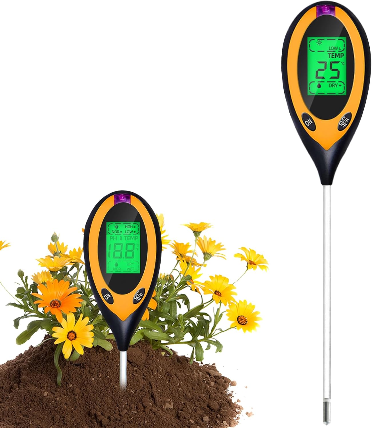 Soil Moisture Meter, 4-in-1 Digital Plant Soil Meter with PH/Temperature/Moisture/Light, Plant Water Monitor for Gardening, Lawn, Farming and Outdoor Plants