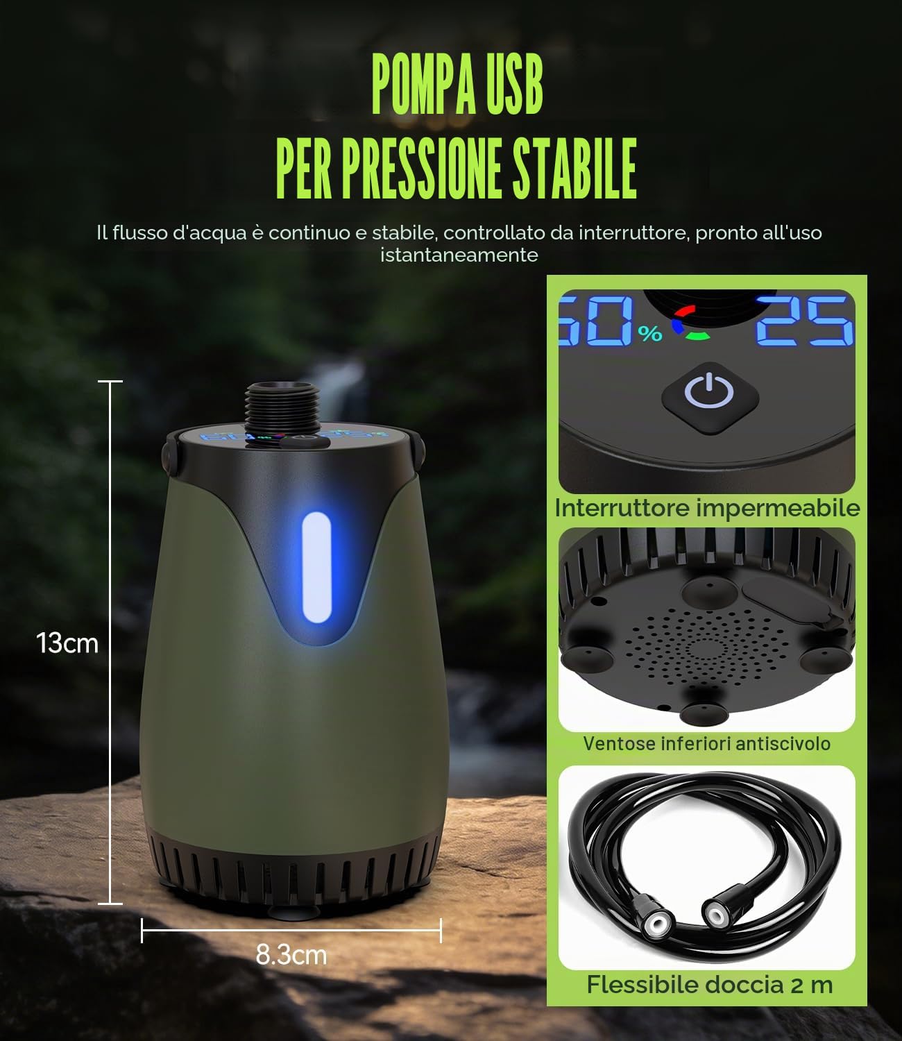 Doccia da Campeggio Portatile, 8000mAh Doccia Portatile Pompa Doccia Subacquea Ricaricabile USB Display LCD, IPX8, per Camper, Viaggio, Spiaggia, Animali Domestici