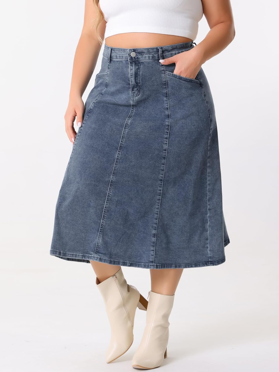Agnes Orinda Women's Plus Size Denim Skirts Vintage High Waist with Pockets A-Line Midi Jean Skirt - Image 2