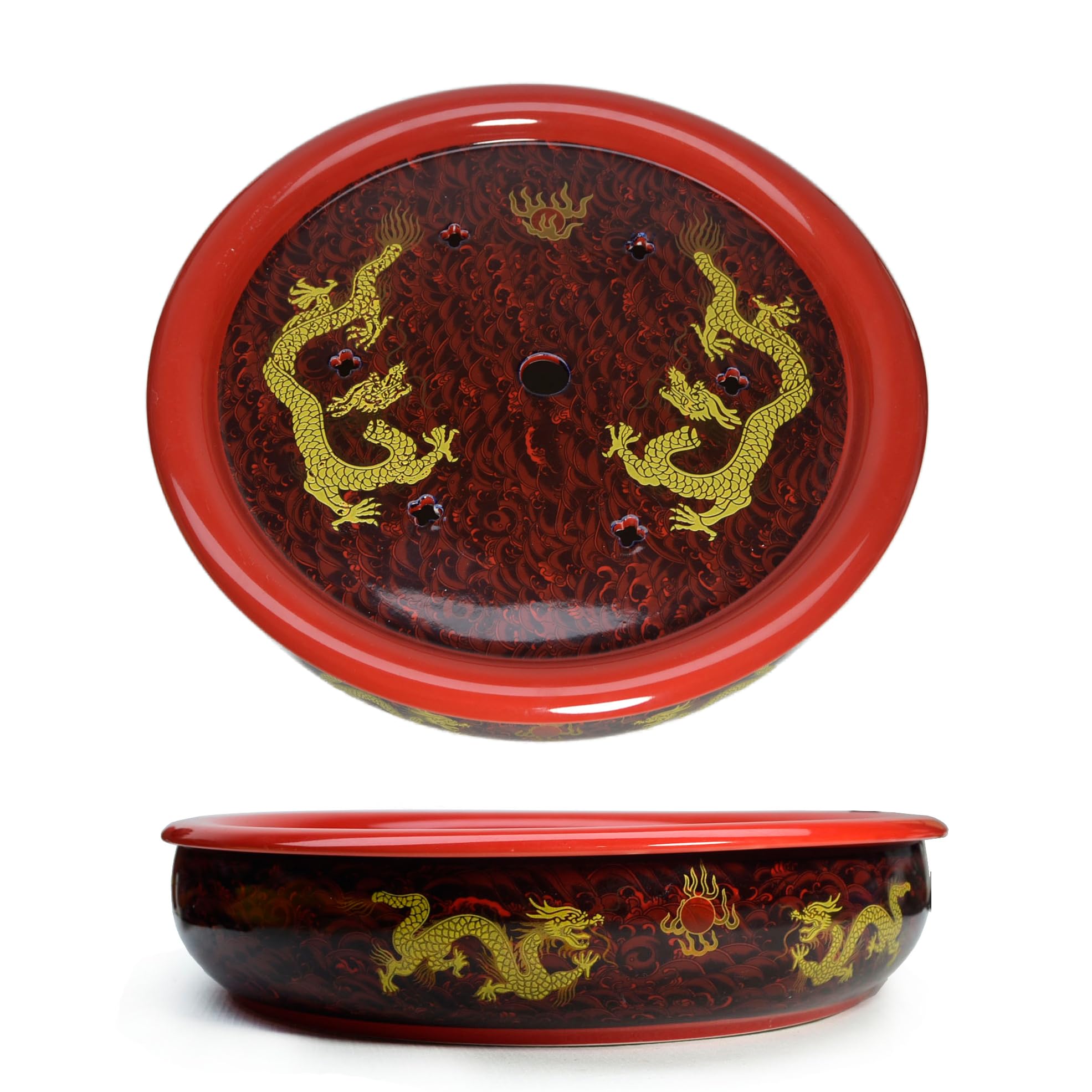 Liang baobao Porcelain Tea Tray, Double-Layer Ceramic Tray with Water Storage Circular for Tea Coffee Serving Table (12 inch Dragon red)