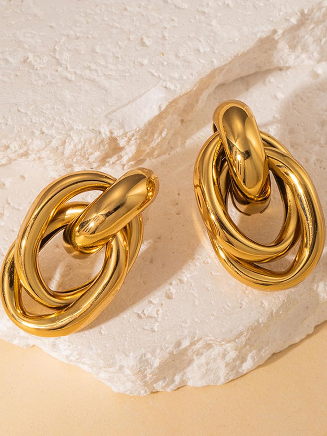 Chunky Gold Dangle Drop Earrings Trendy Geometric Interlocking Oval Earrings Twisted Statement Knot Earrings Fashion Jewelry Lightweight Hypoallergenic Elegant Daily Wear - Image 5