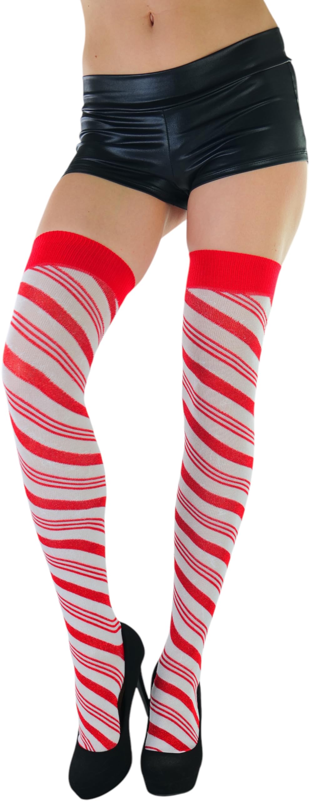 ToBeInStyle Women's Striped Christmas Thigh Hi Stockings W/Bow: One Size Shimmering Candy Cane Striped - Red/White