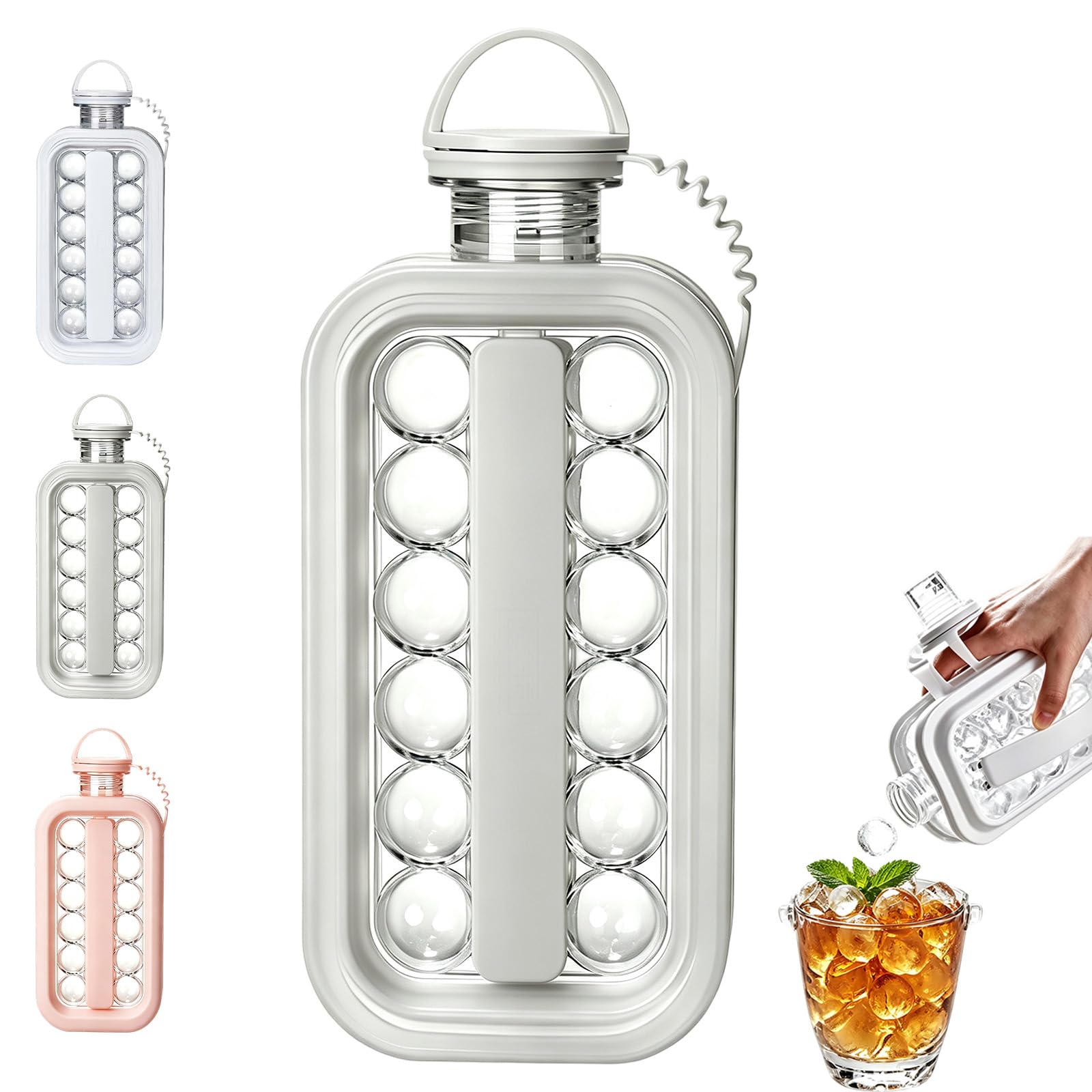 Portable Silicone Ice Ball Maker Kettle, 2-in-1 Ice Bottle - Circular Pebble Ice Making Mold with Food-Grade Silicone – BPA-Free, Cooling with Ice Container for Home, Parties (Grey)