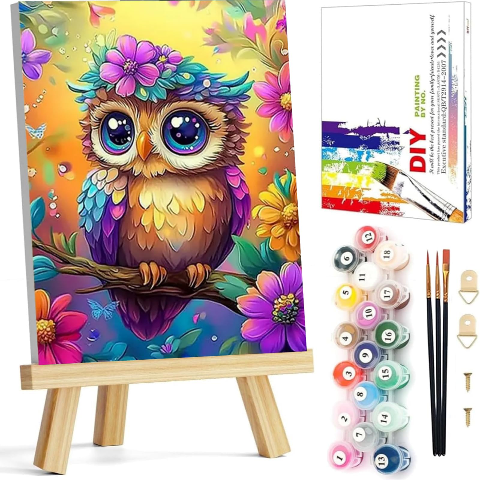Arttoplus Owl Paint by Numbers Kit for Children with Framed- Easy Paint by Numbers for Kids Ages 4-8-12 with Wooden Easel, Acrylic Oil Painting by Number Kid for Gift Home Decor(8x12 inch)