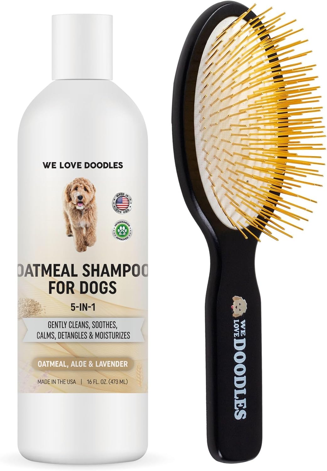 We Love Doodles Premium Oatmeal Shampoo & Pin Brush for Dogs - Gentle for Itchy & Sensitive Skin, Soothing for Dry Skin, Moisturizing Anti-Itch, Brush for Shedding & Removing Loose Fur, Made in USA
