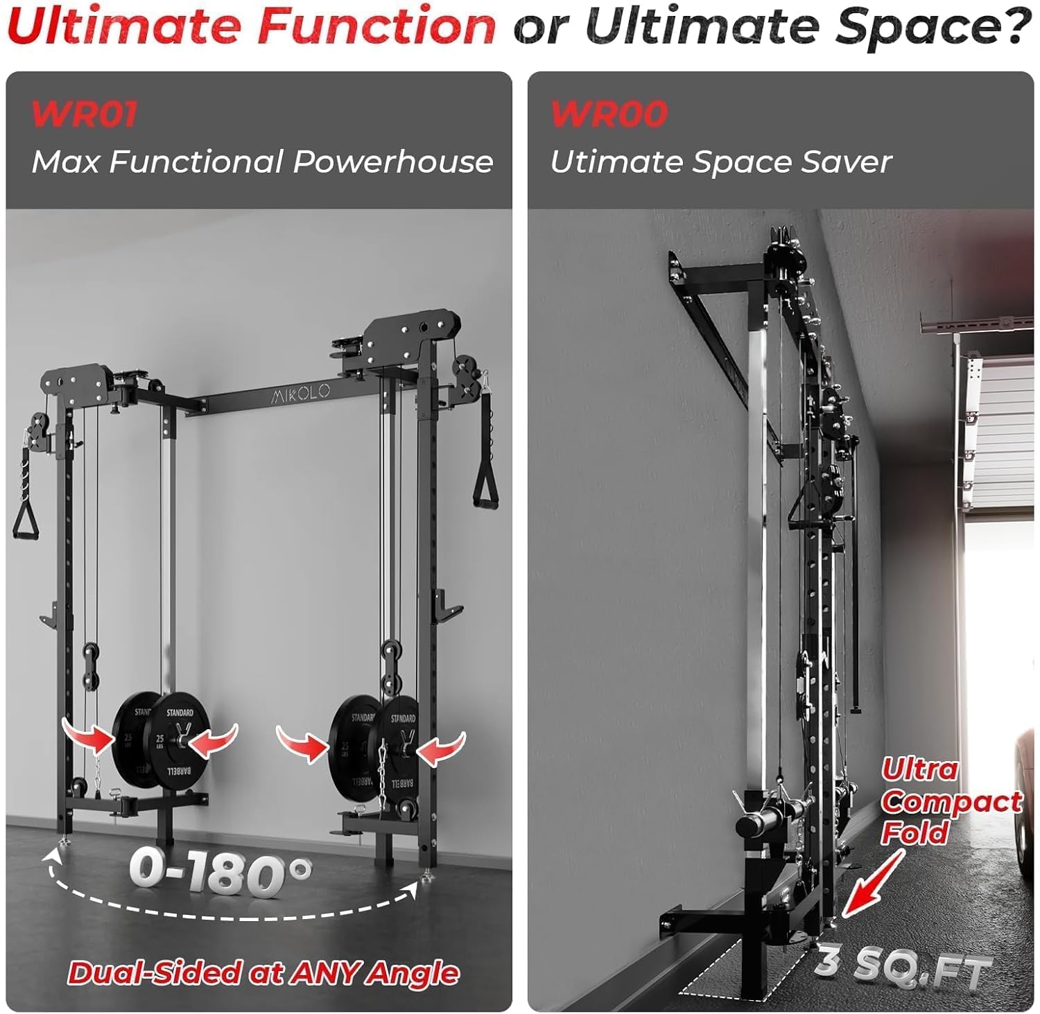 Mikolo Folding Squat Rack, Wall Mounted Power Rack with Cable Crossover Machine & LAT Pull Down, Functional Trainer with 5 Adjustable Function Modes, for Home Gym and Space Saving