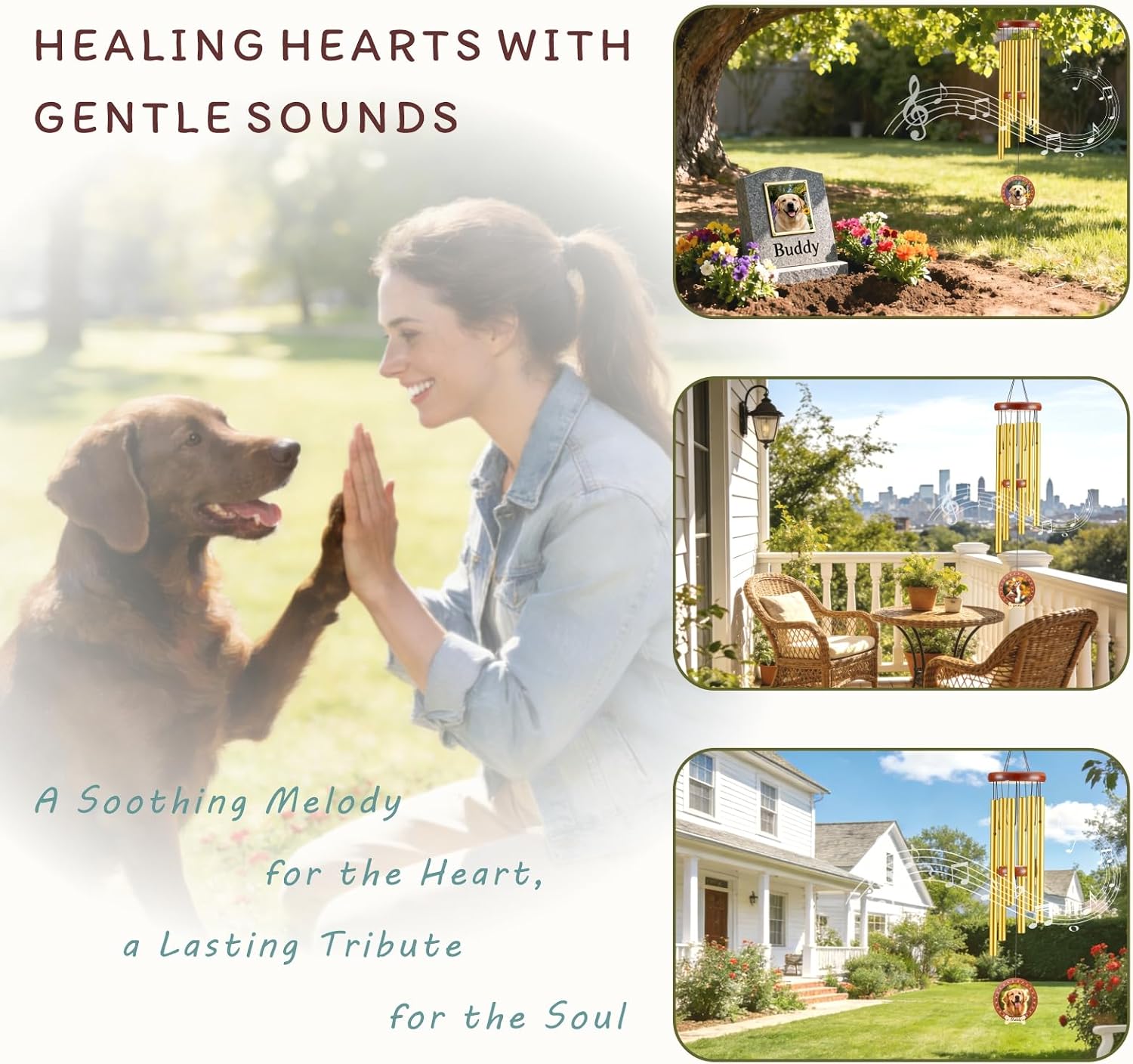 Dog Memorial Gifts for Loss of Dog, 32" Pet Memorial Wind Chimes with Photo Frame Pendant, Unique Pet Loss Sympathy Remembrance Gift (Gold)