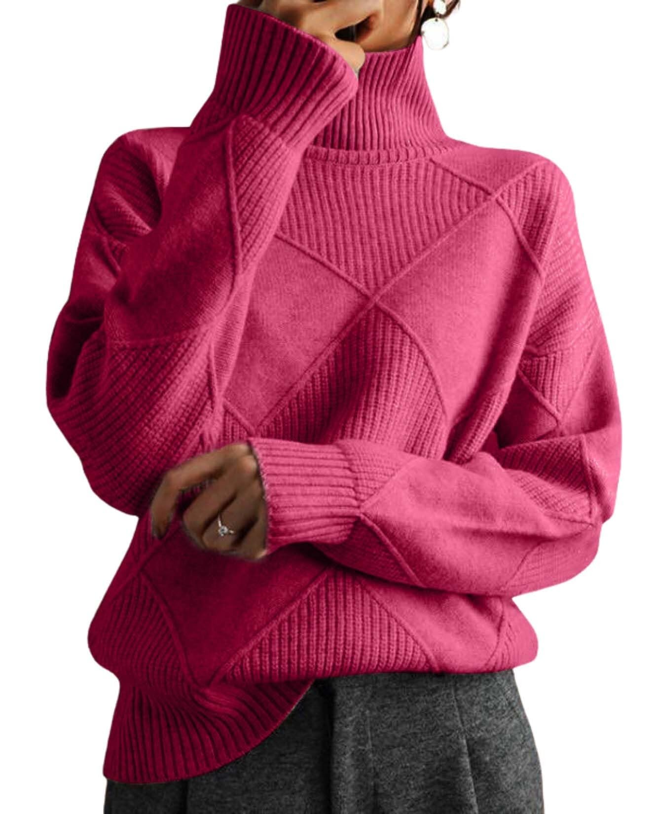 Turtleneck Knitted Sweaters for Womens Fall Fashion Oversized Long Sleeve Solid Color Cable Pullover Tops S-2XL