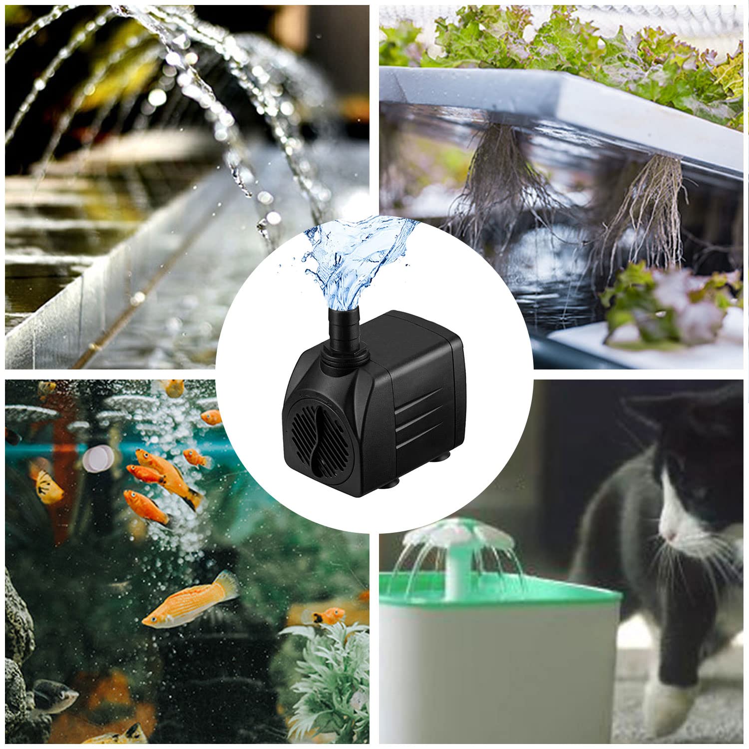 Mini pompe à eau (600 l/h, 10 W), pompe d'aquarium ultra silencieuse avec hub haut, pompe à fontaine avec câble d'alimentation de 1,5 m, 2 buses d'aquarium, étangs, fontaines, statues,