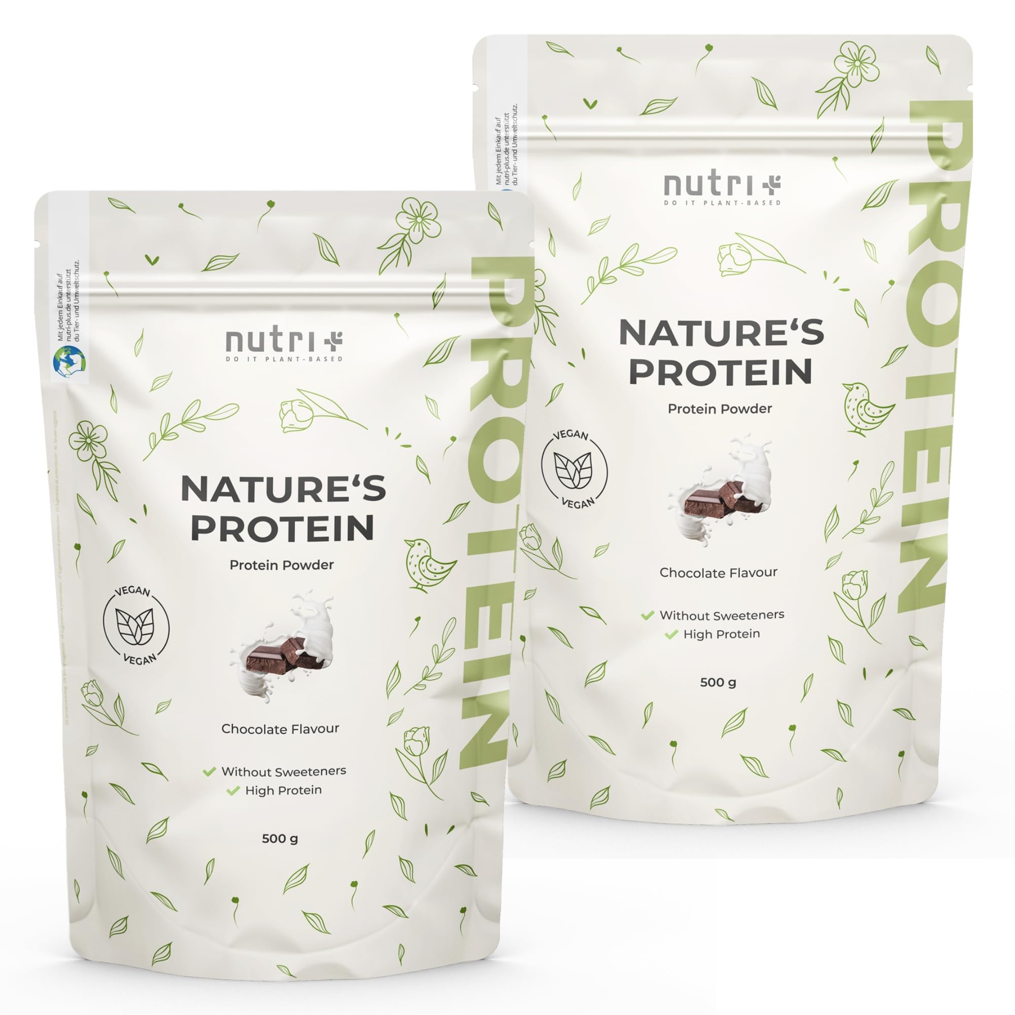 nutri+ Proteine in Polvere Naturali Cioccolato senza Edulcoranti 500g Proteina di Soia e Piselli Bibita Sportiva senza Lattosio per Shake o per Cucinare senza Glutine Vegano
