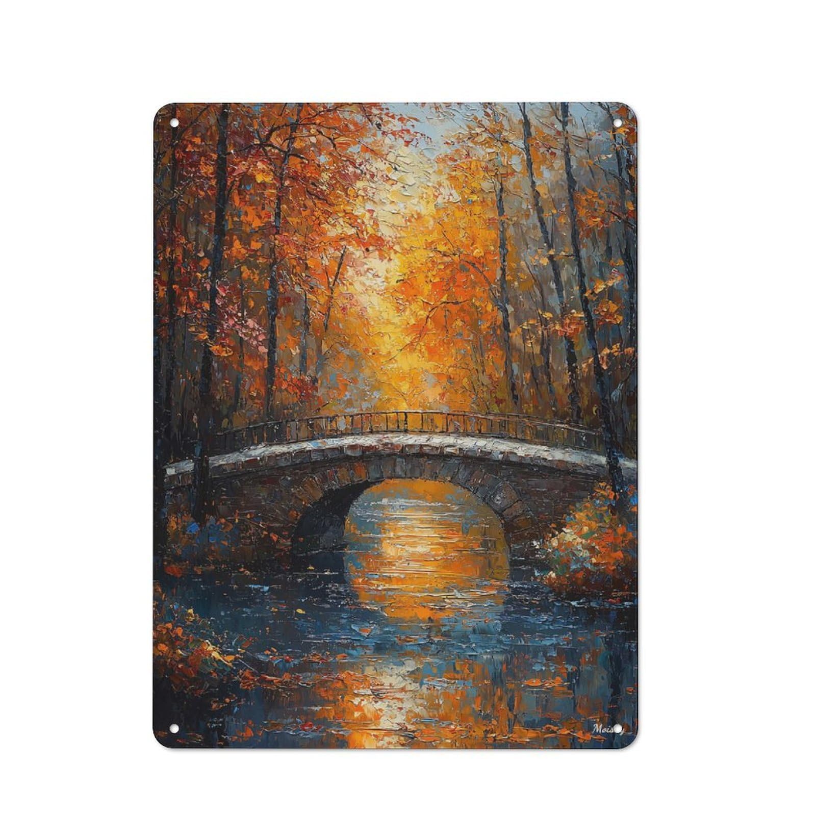 Junmoney Impressionist Inspired Autumn Bridge Scene Metal Wall Sign 40X30cm, Loft Style Urban Room Decor For Flat, Bar, Studio Or Gallery Wall
