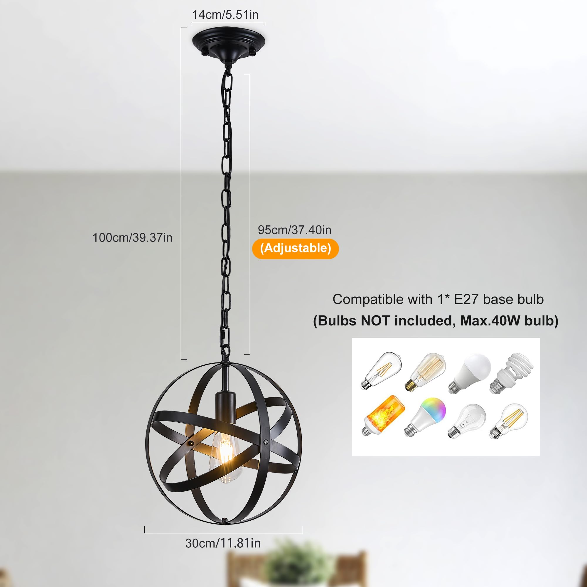 Ganeed Lampa wisząca Industrial Globe Vintage Żyrandol E27 Czarny 1 Światło