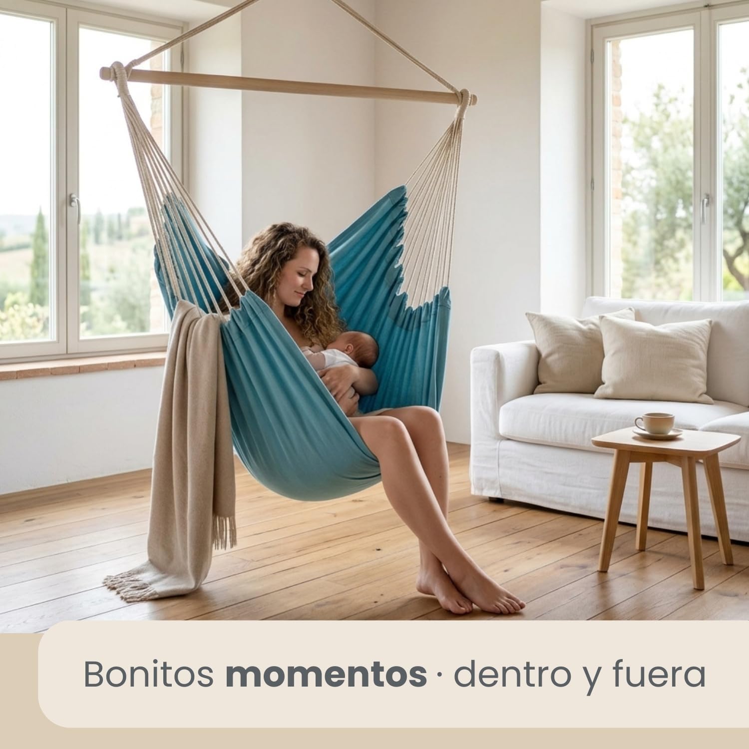 AMANKA Hamaca XXL para Toda la Familia | Asiento suspendido 190x140cm | 100% algodón | Hamaca para el jardín Peso máximo soportado 150 kg | Color Azul Pacifico